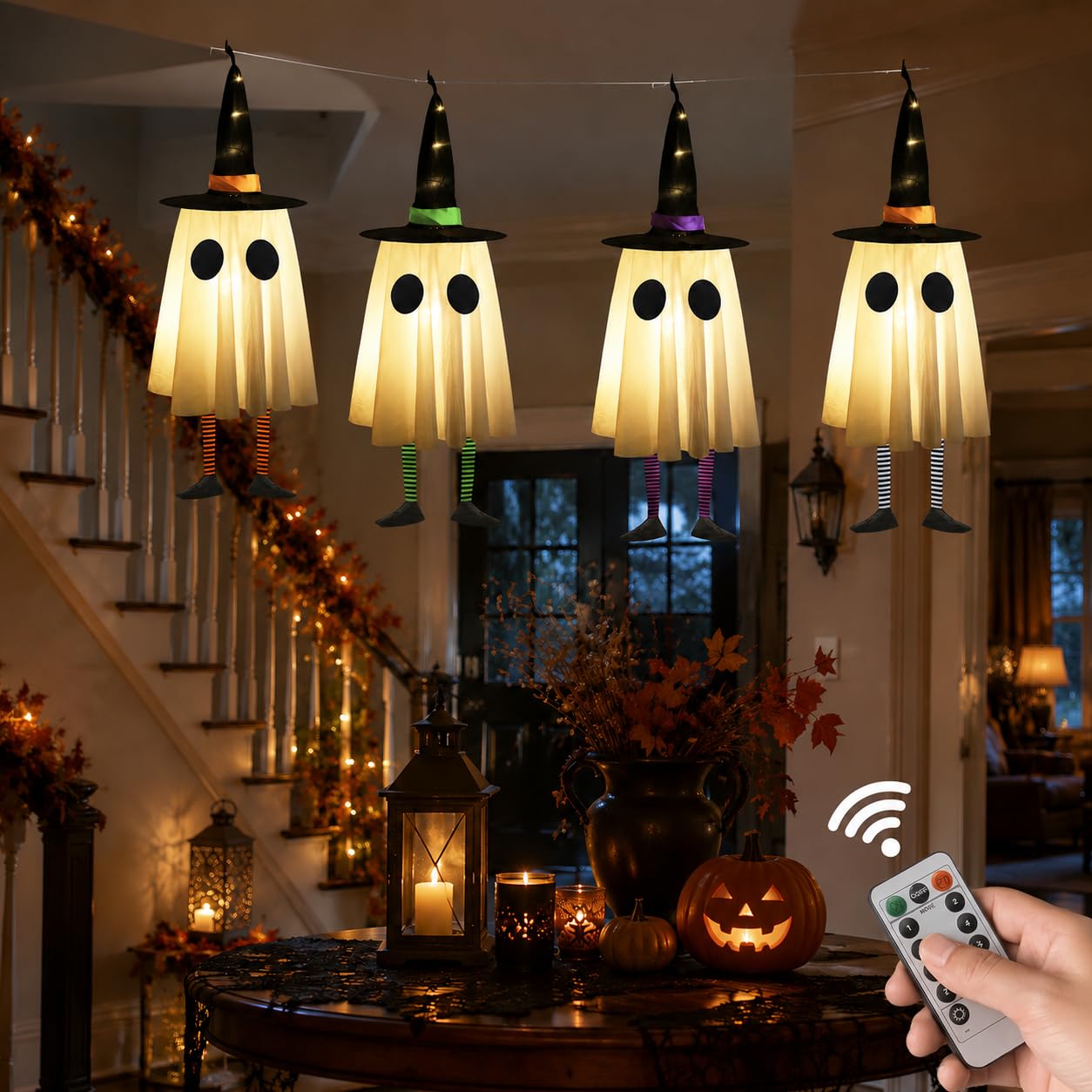 Pack of four CYSKXYI Halloween witch hat lights with packaging