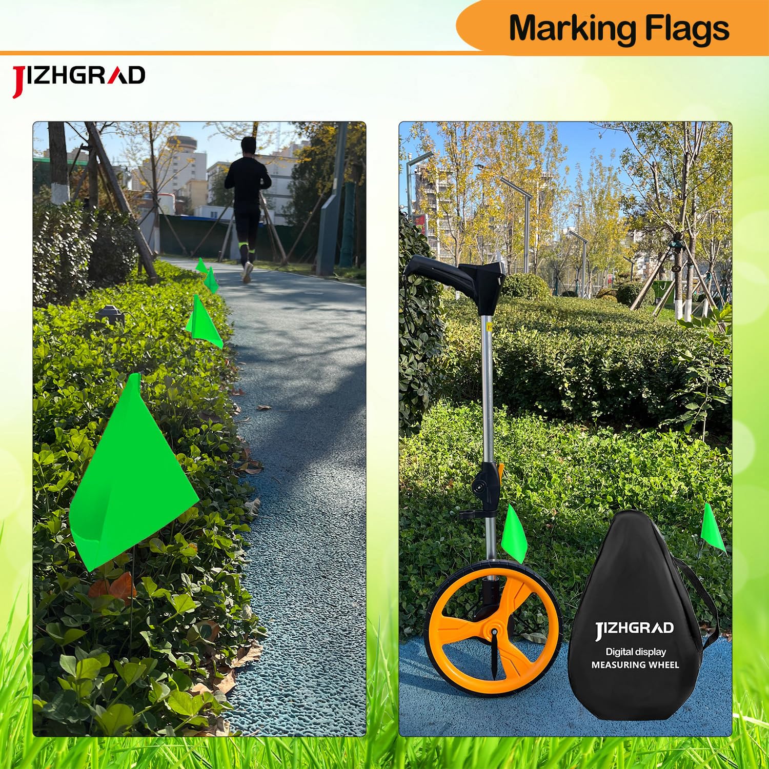 Pack of JIZHGRAD marking flags with steel wire poles displayed