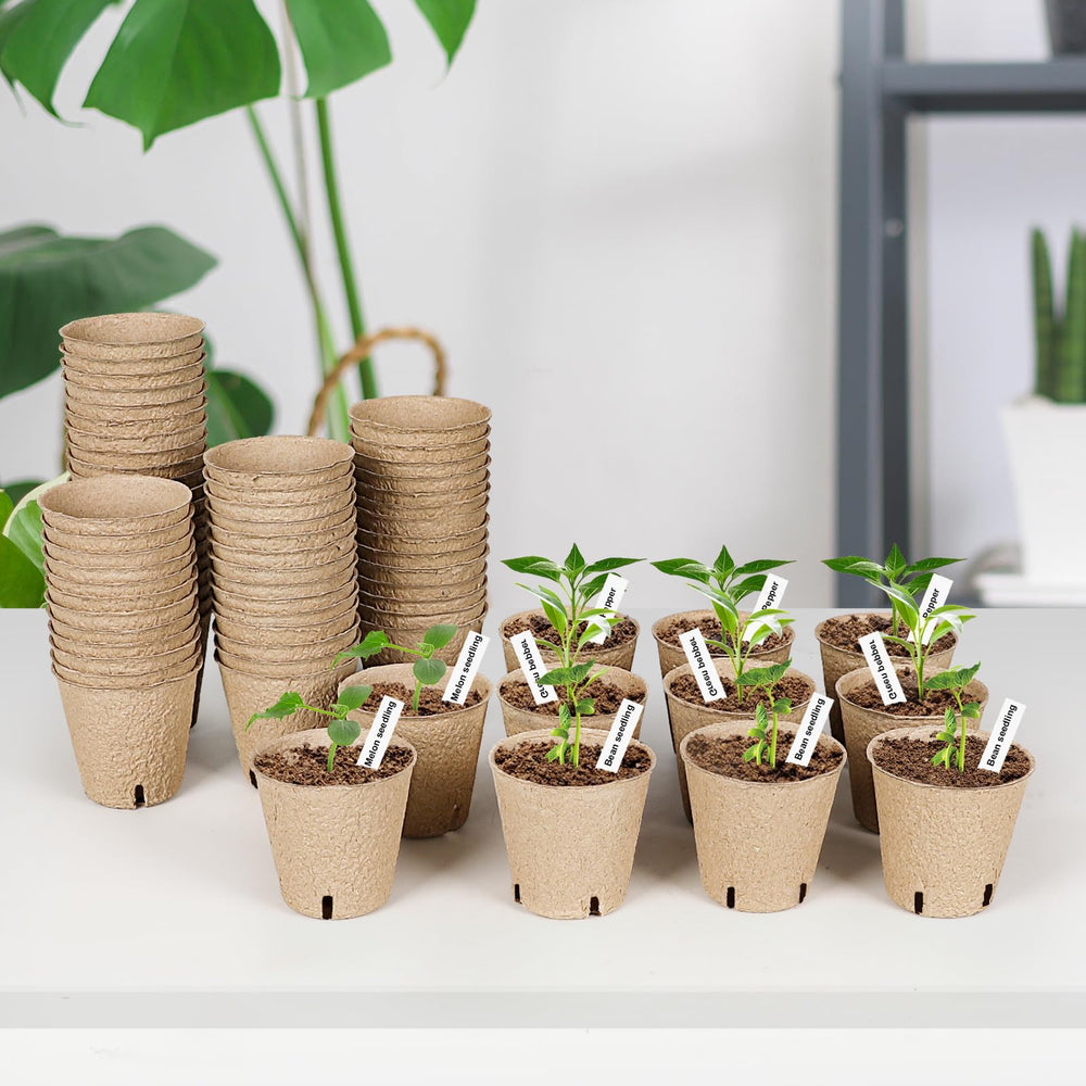 Pack of JNYONG peat pots with labels on a garden table