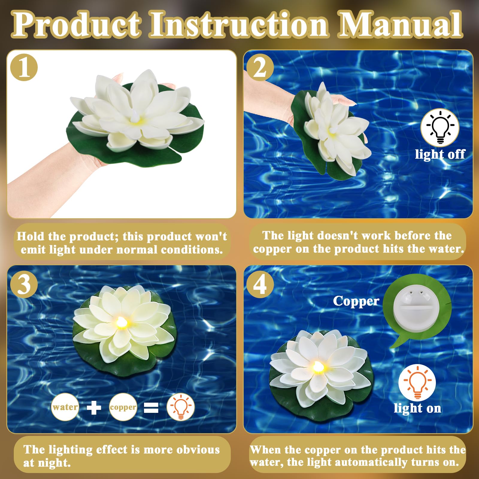 Pack of LACGO Floating Lotus Lights, included batteries
