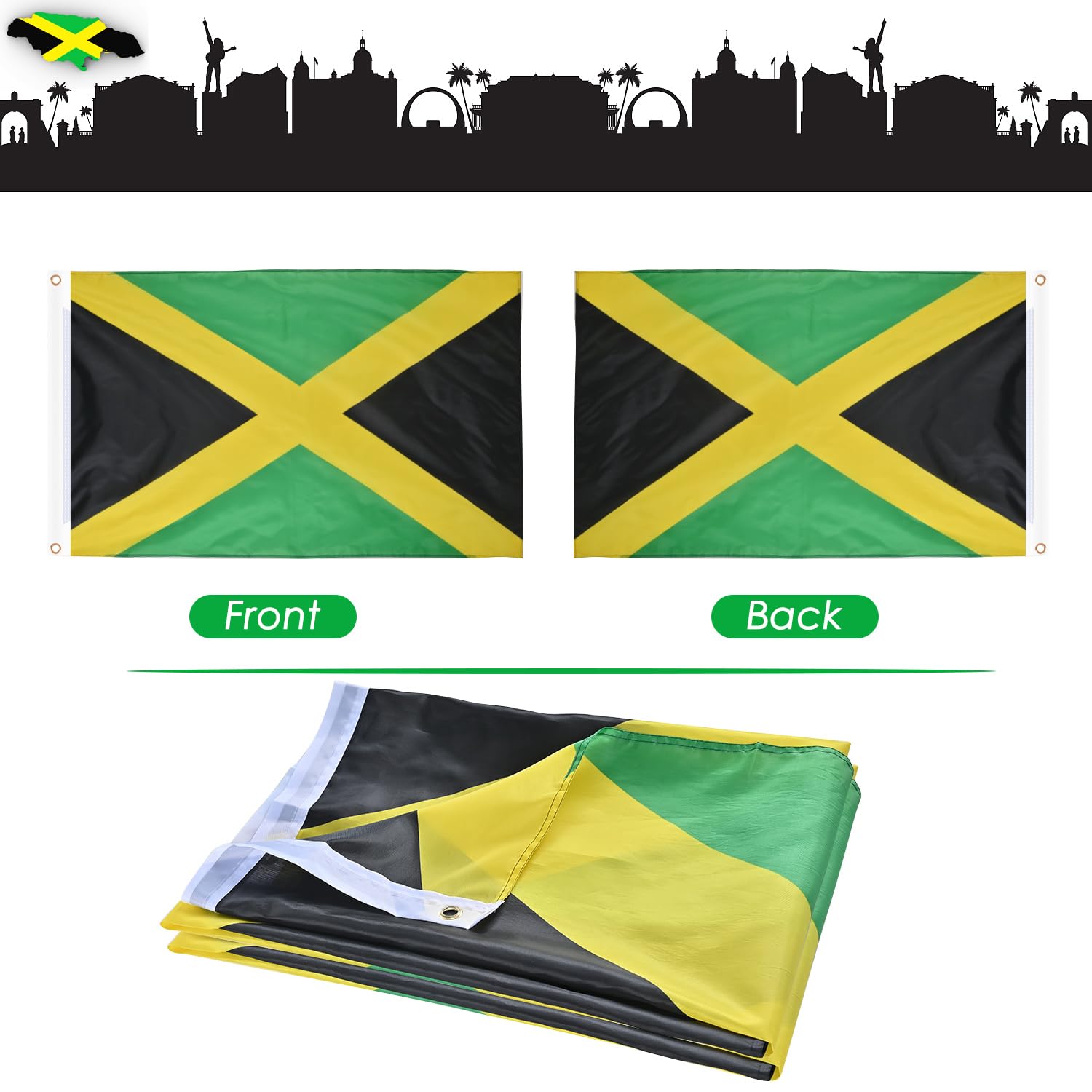 Package contents of AhfuLife Jamaica Flag with dimensions