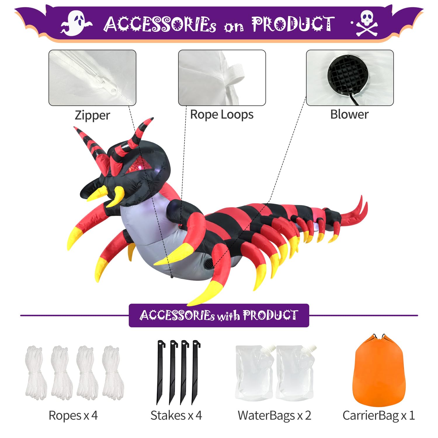 Package contents of DomKom inflatable centipede including blower and accessories