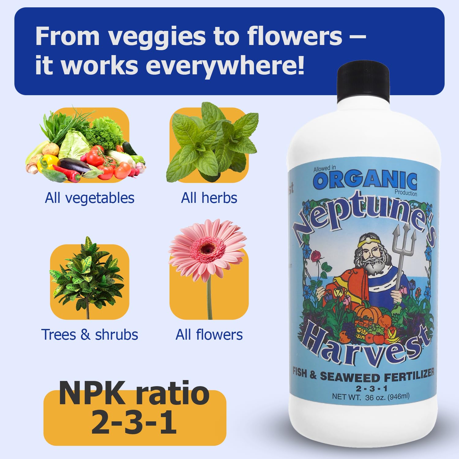 Package contents of Neptune's Harvest fertilizers