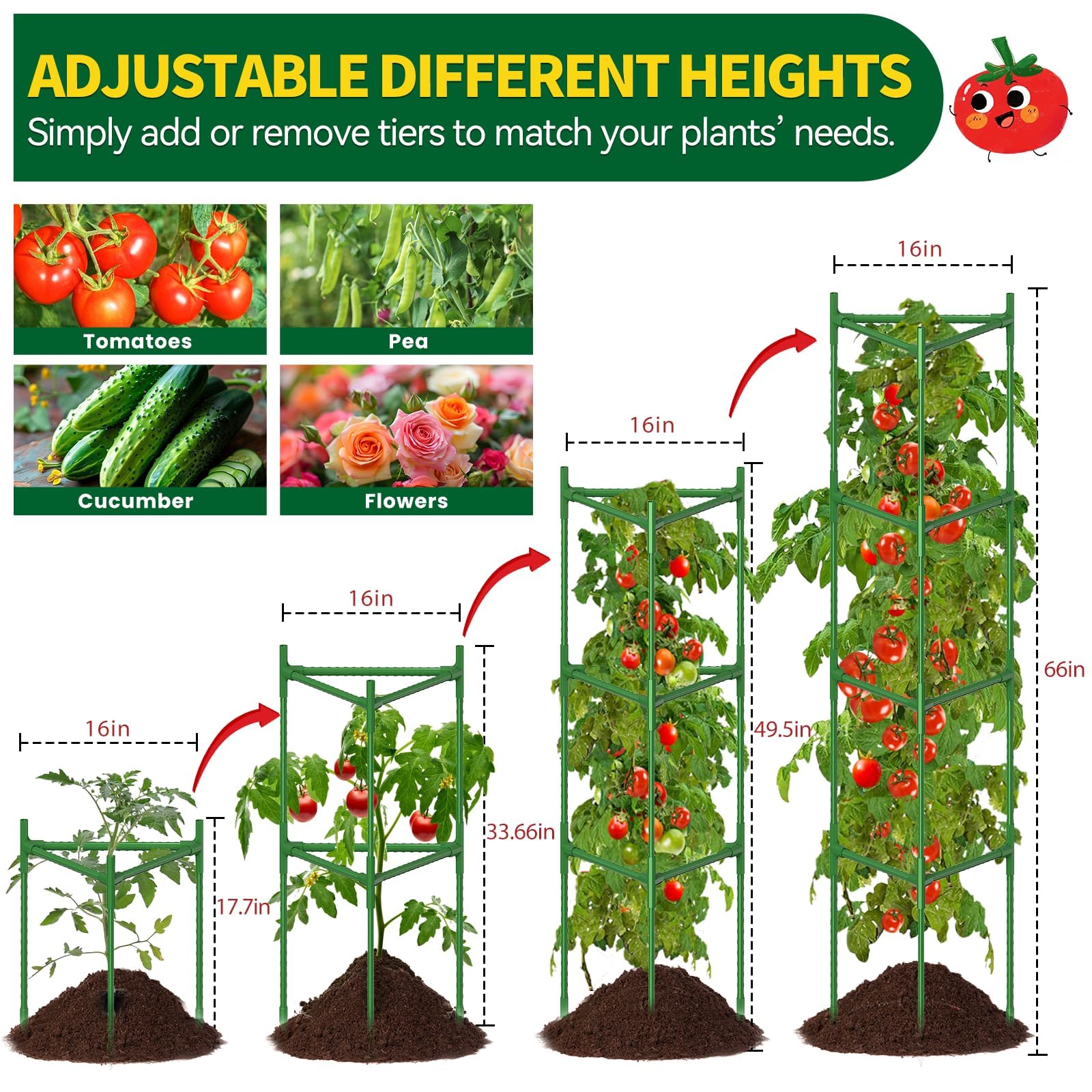 Package contents of OUREST Large Tomato Cage including tubes and gloves