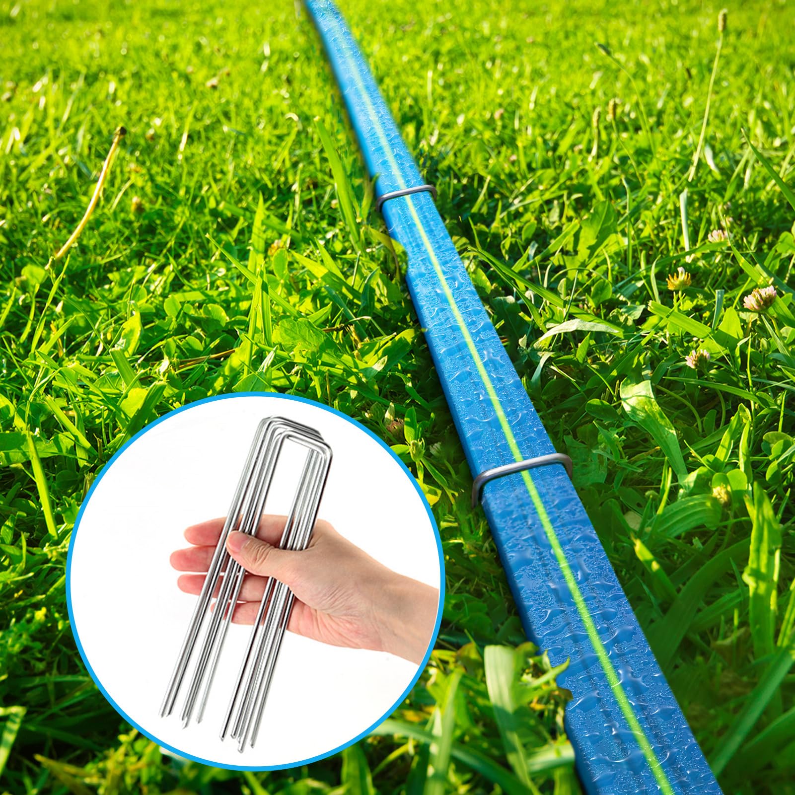 Package contents of Winisok 100FT Sprinkler Soaker Hose and stakes