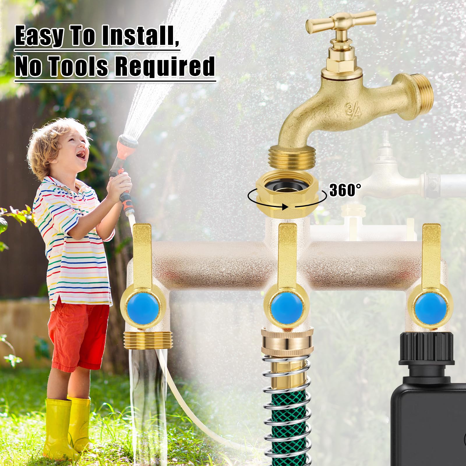 Package dimensions and components of UQM 3 Way Brass Hose Splitter