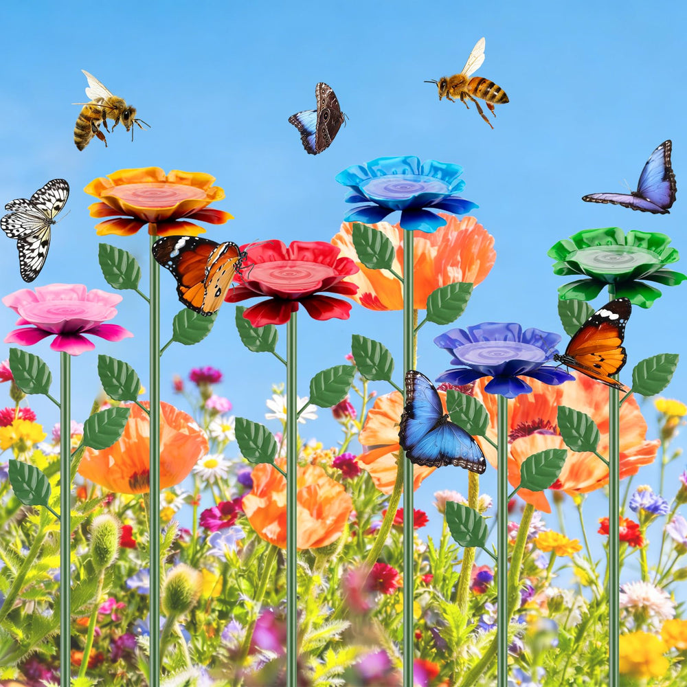 Package of 6 pack bee watering stations in vibrant colours