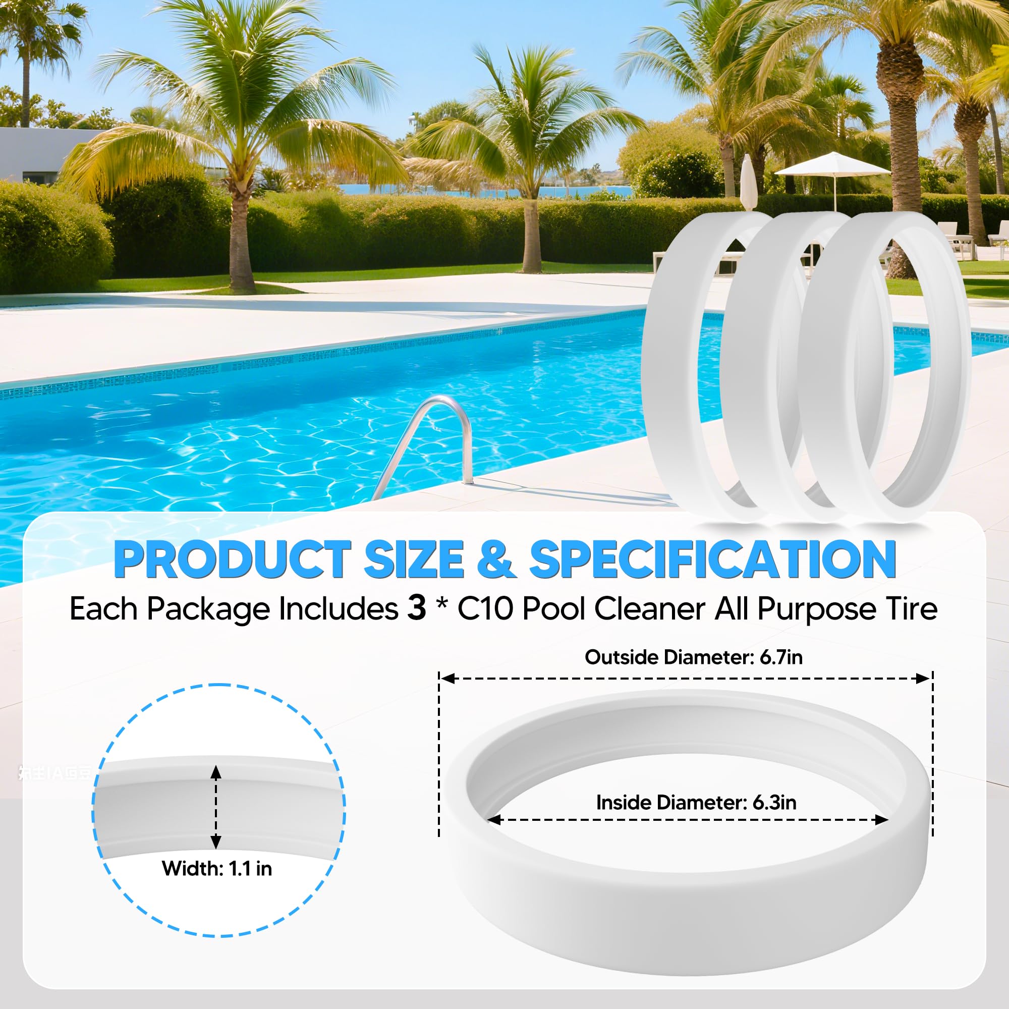 Package of Funmit C10 Pool Cleaner Tires showing three tires