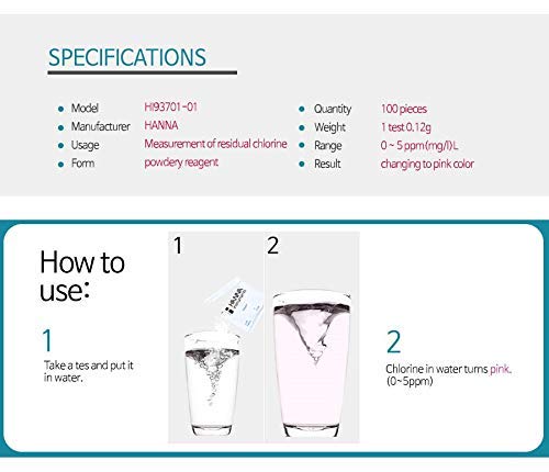 Package of Hanna Instruments Chlorine Reagents with dimensions shown