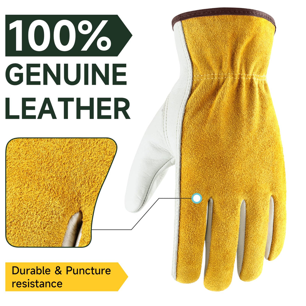 Package of OZERO Leather Work Gloves showing three pairs