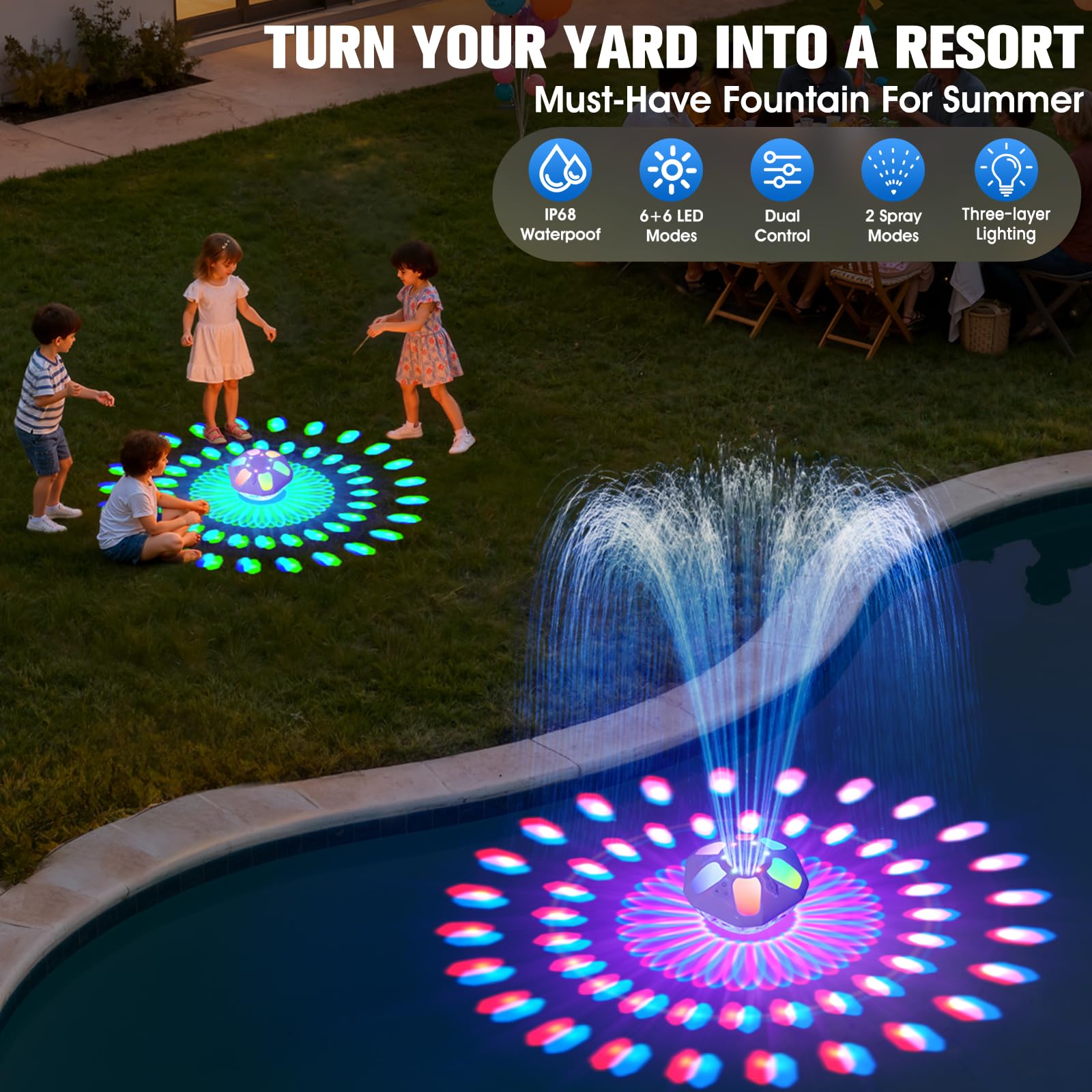 Package of PoolPop Floating Fountain showing dimensions