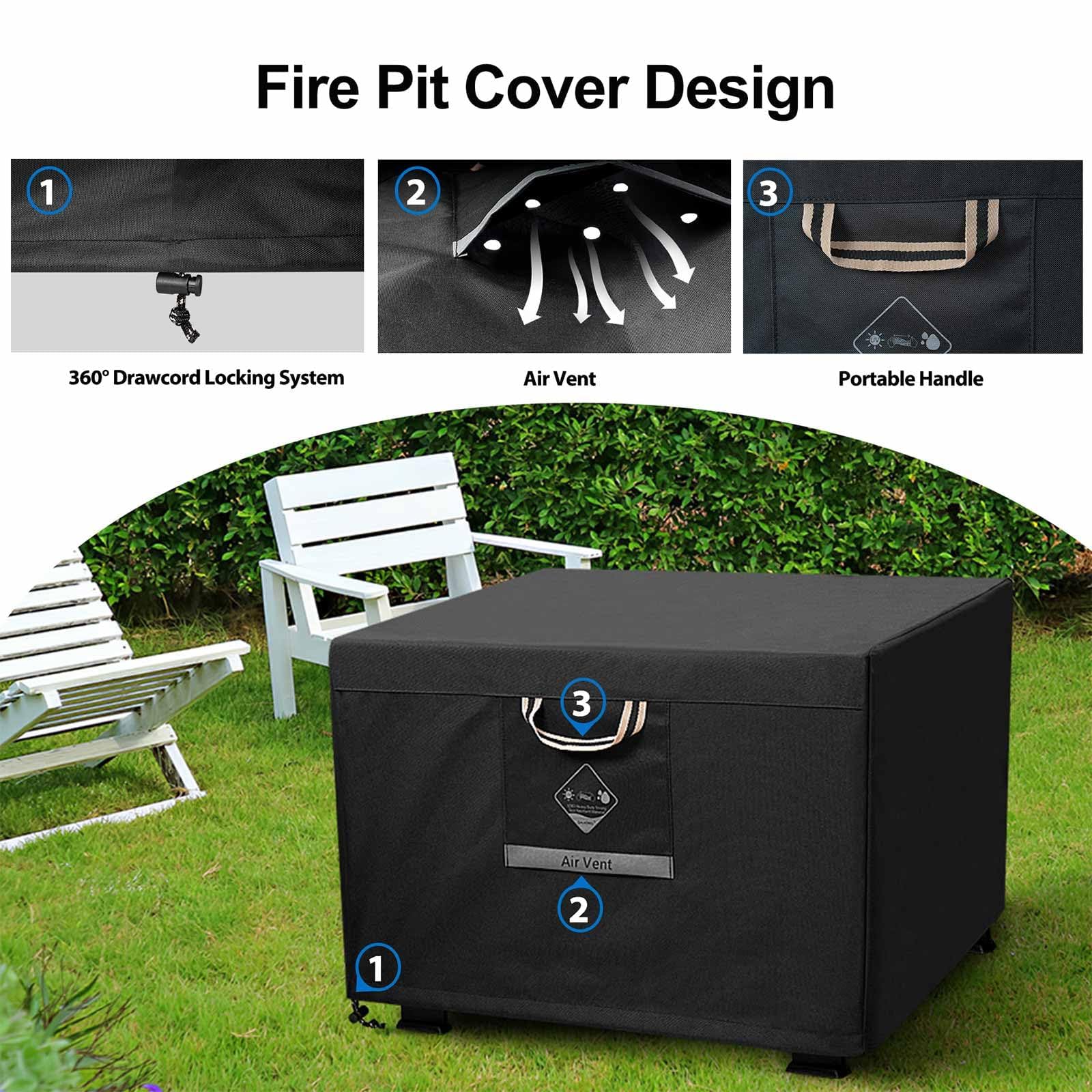Package of QH.HOME fire pit cover with dimensions