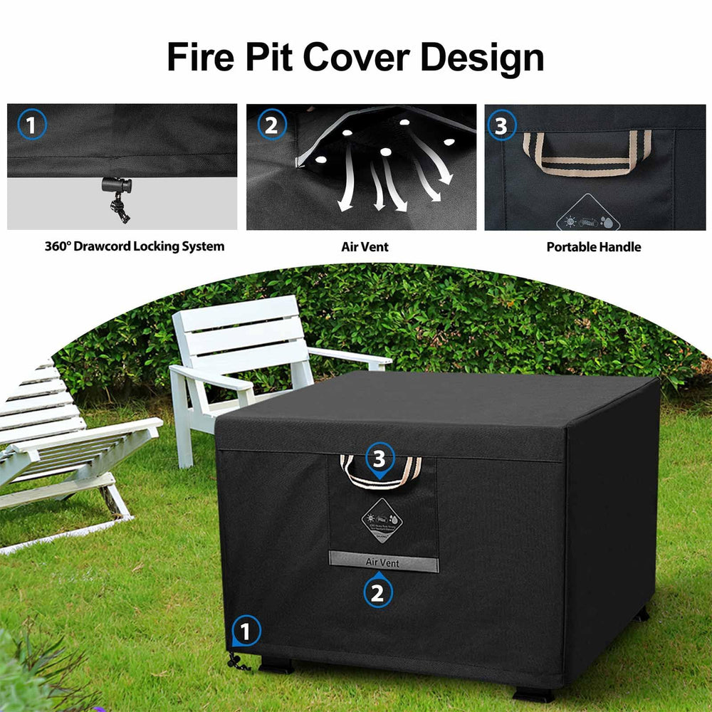 Package of QH.HOME fire pit cover with dimensions
