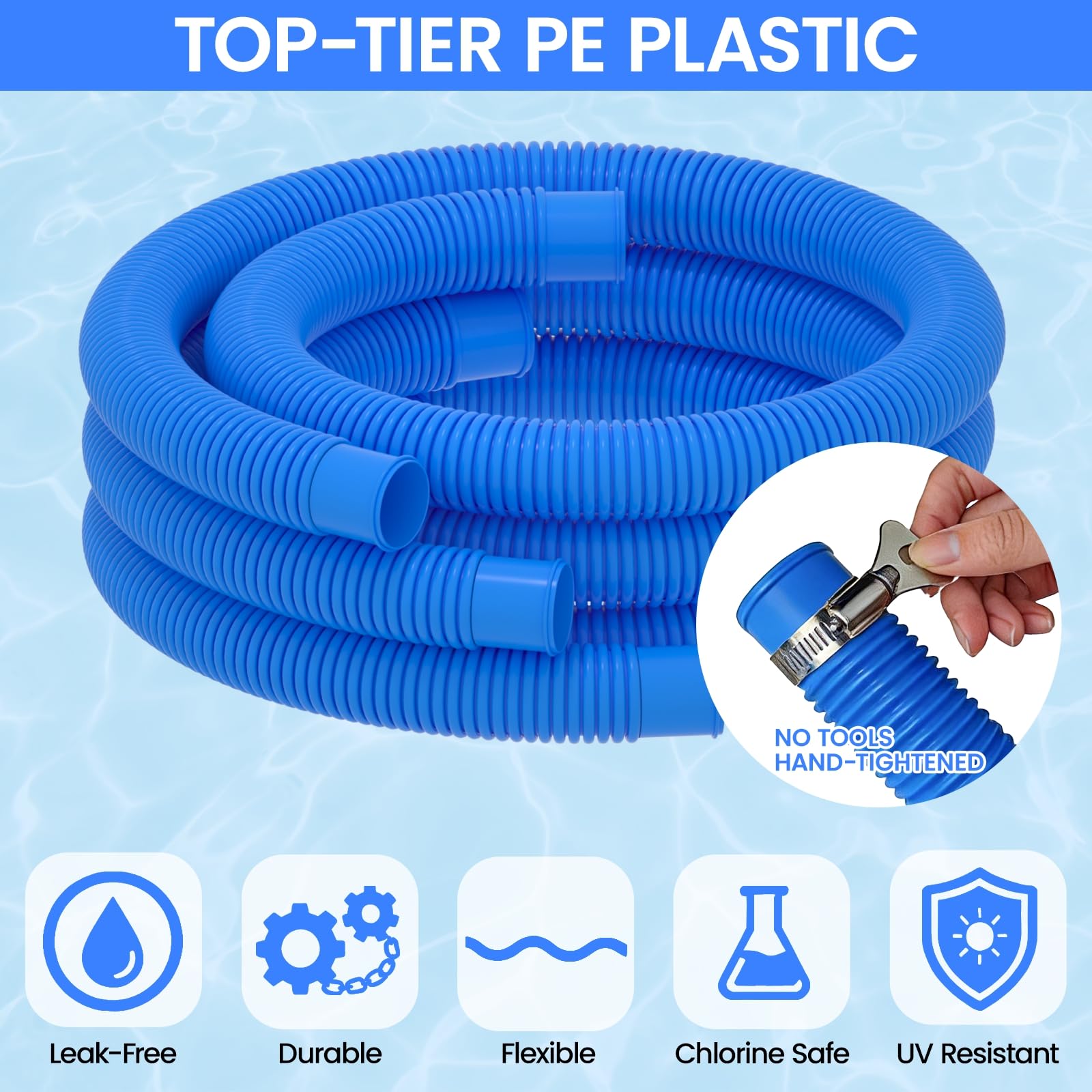Package view of Poolvio pool hoses with dimensions