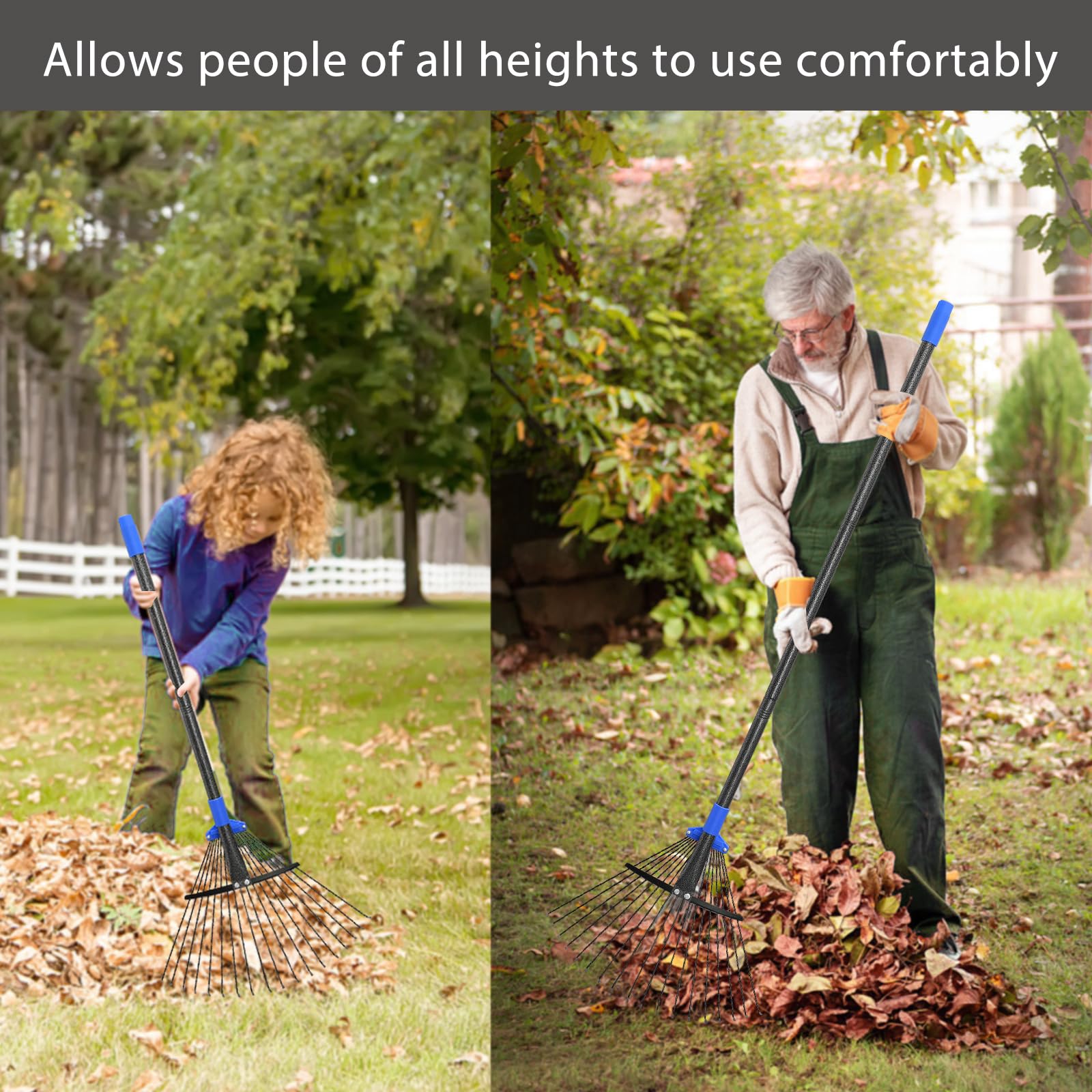 Packaged Oliynedy Adjustable Metal Leaf Rake showing product details