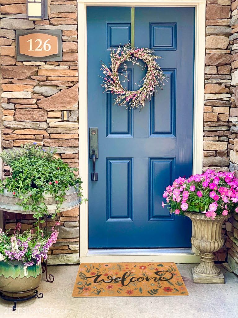 Packaging for FGSS Welcome Floral Spring Doormat showing product details