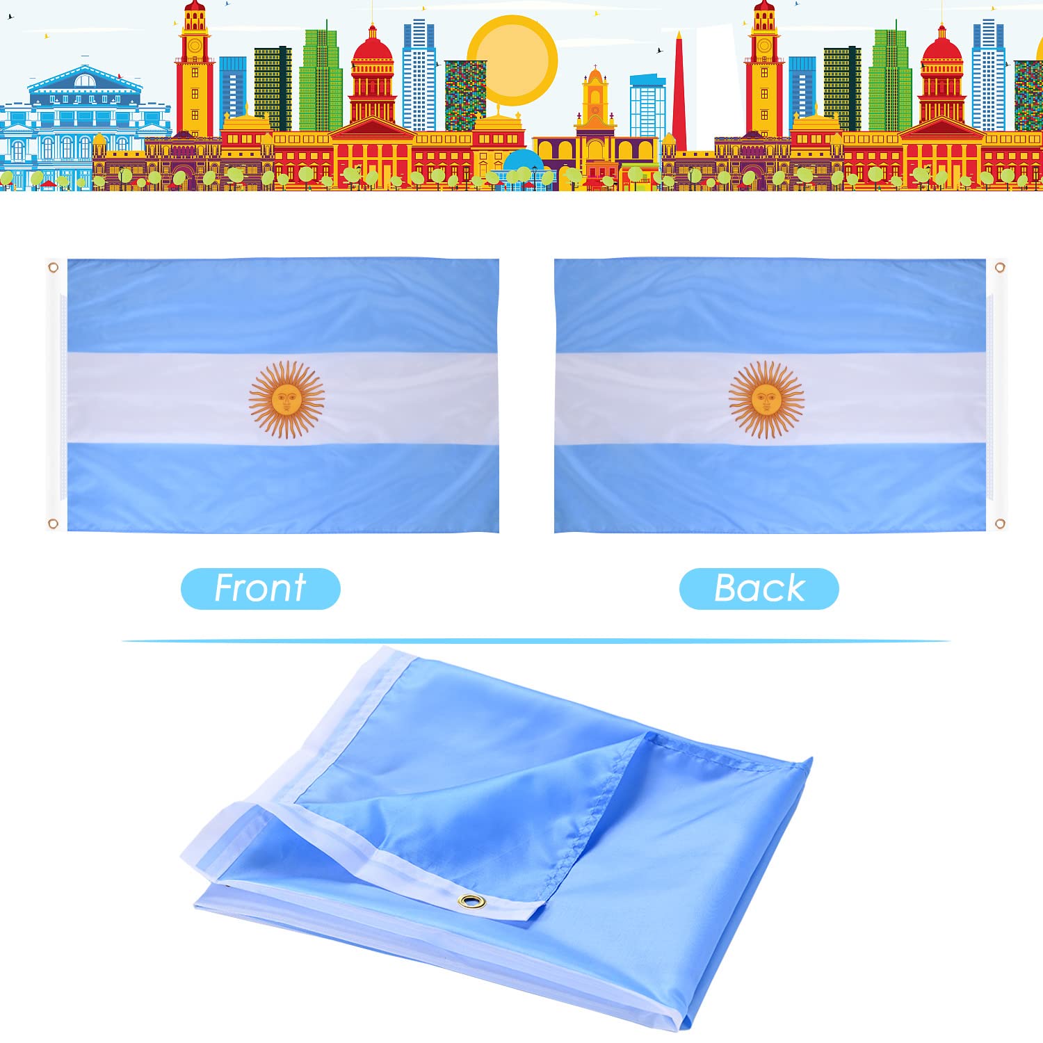 Packaging of AhfuLife Argentine Flag with dimensions listed