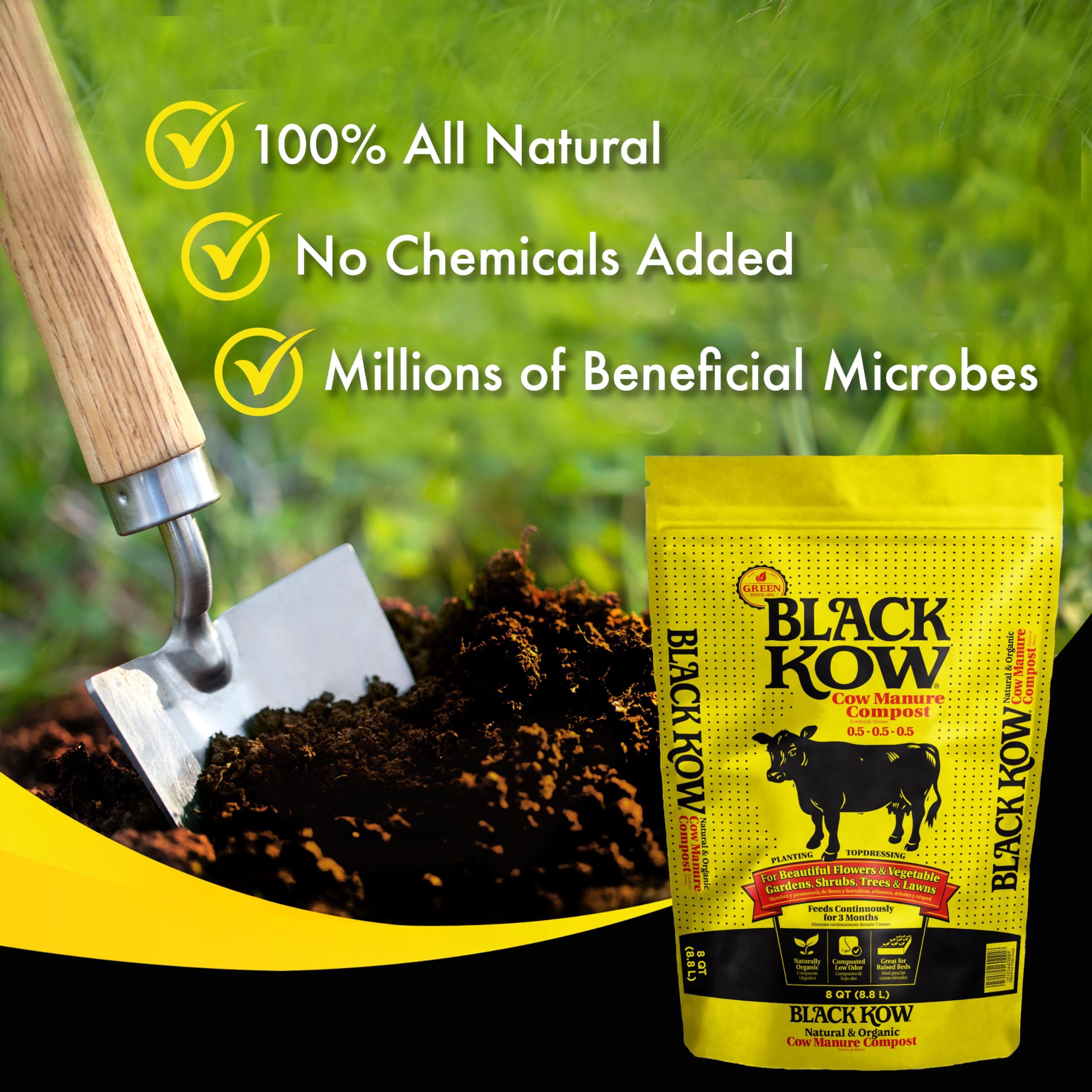 Packaging of Black Kow Composted Cow Manure Fertilizer 8 qt