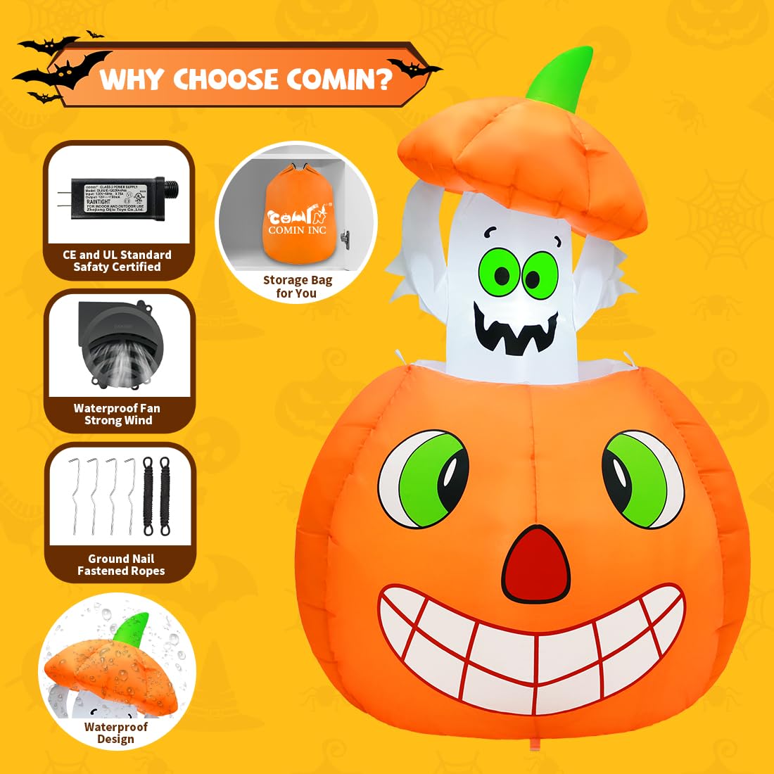 Packaging of COMIN 5 FT Pumpkin Ghost Inflatable Decoration