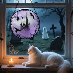Packaging of CRISGIF Gothic Castle Ravens stained glass window hanging