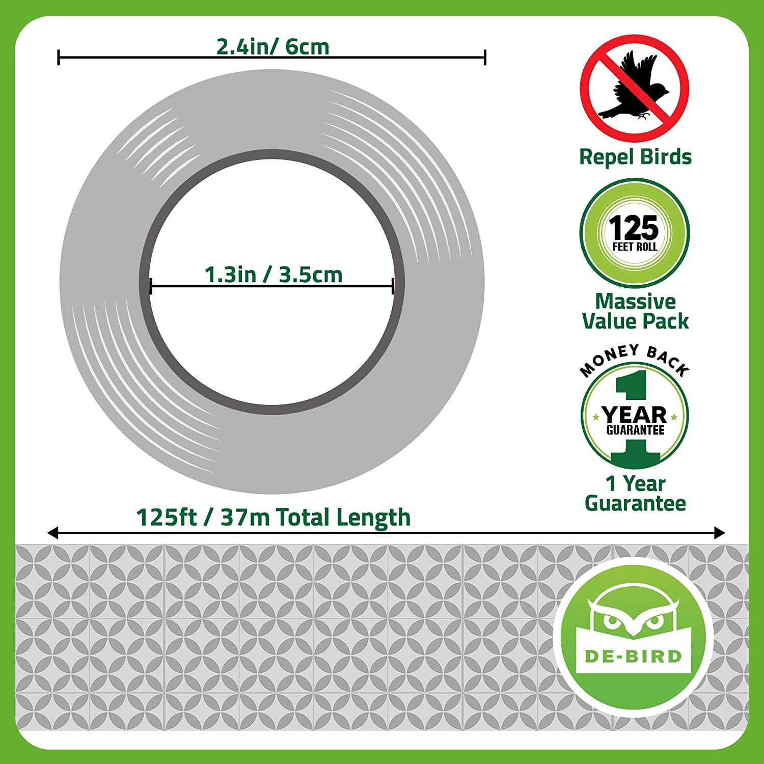 Packaging of De-Bird Scare Tape with product details