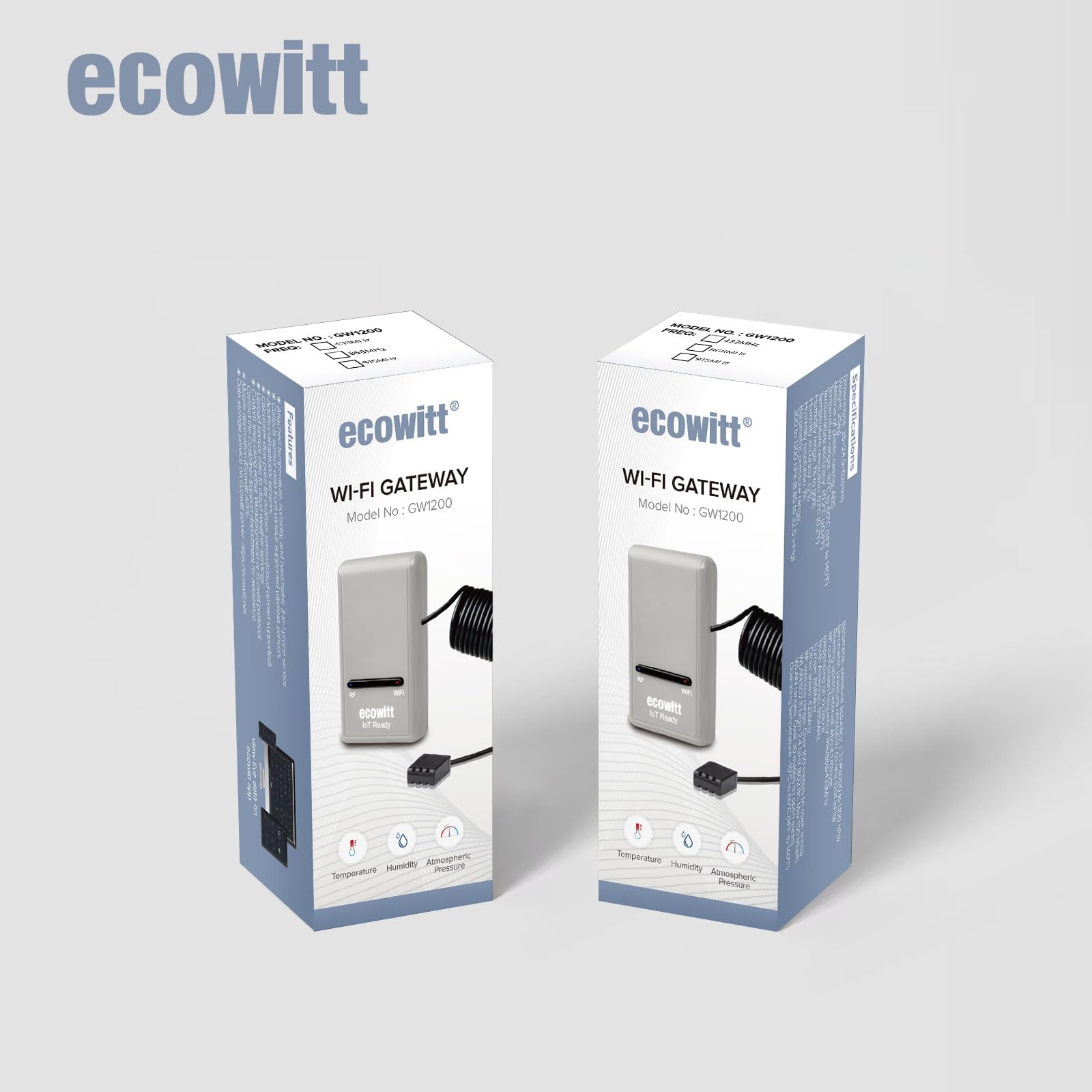 Packaging of ECOWITT Wi-Fi Gateway Weather Station, showing features