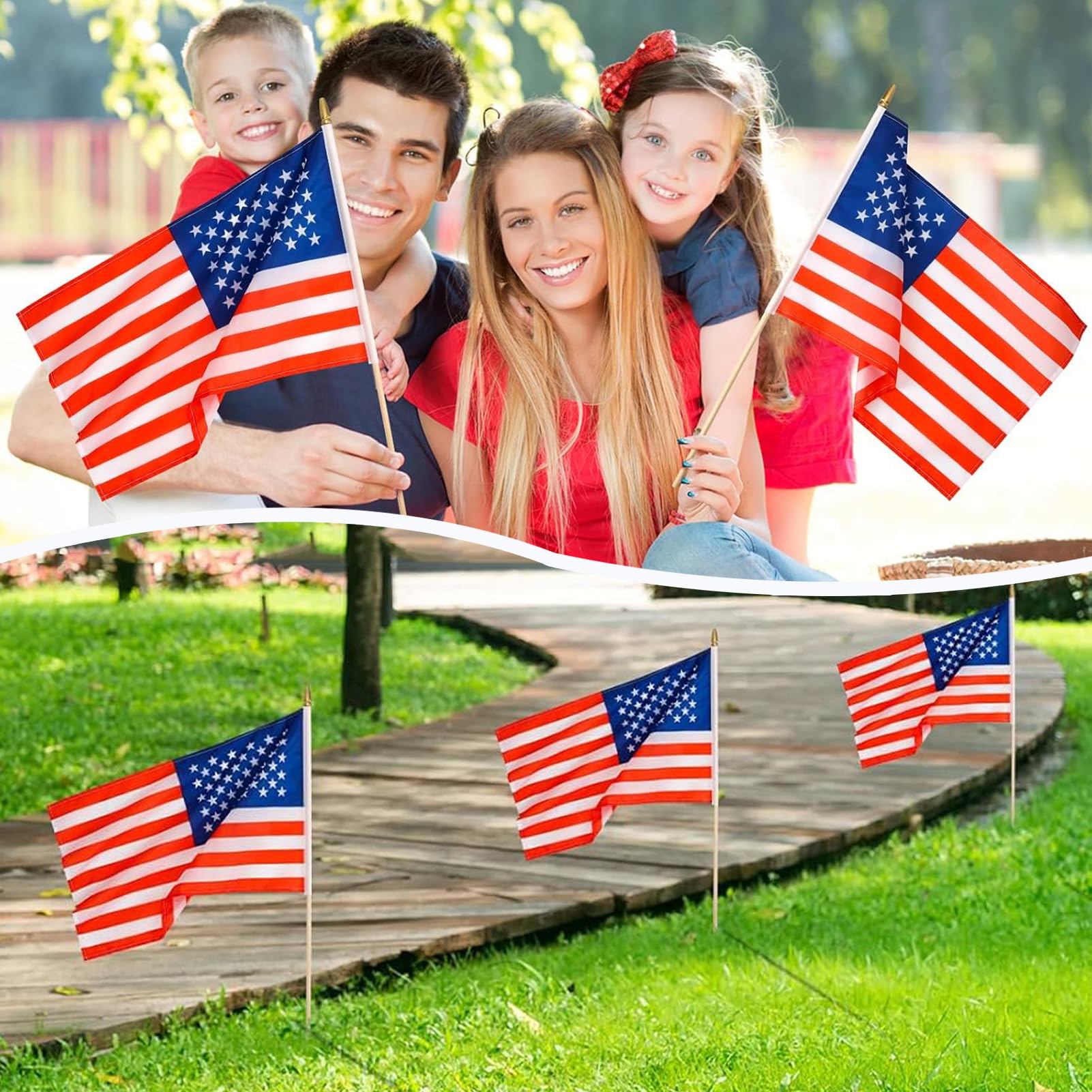 Packaging of FLAGMESAGE American flags on stick, 24 pack