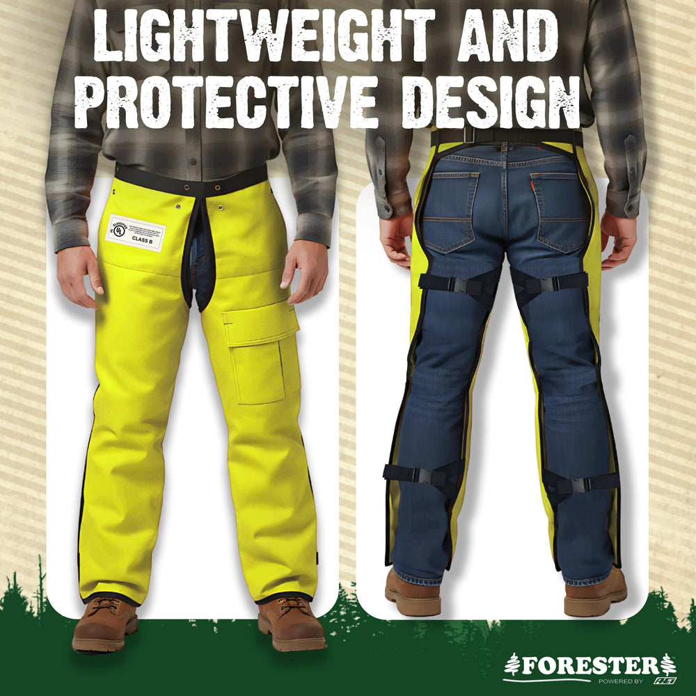 Packaging of FORESTER Chainsaw Chaps showing safety standards