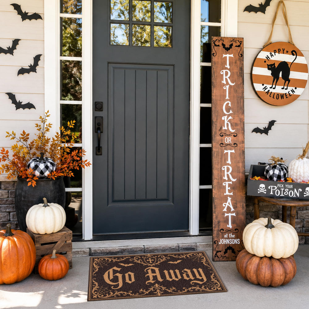 Packaging of Fttoyoly Halloween Door Mat showing dimensions