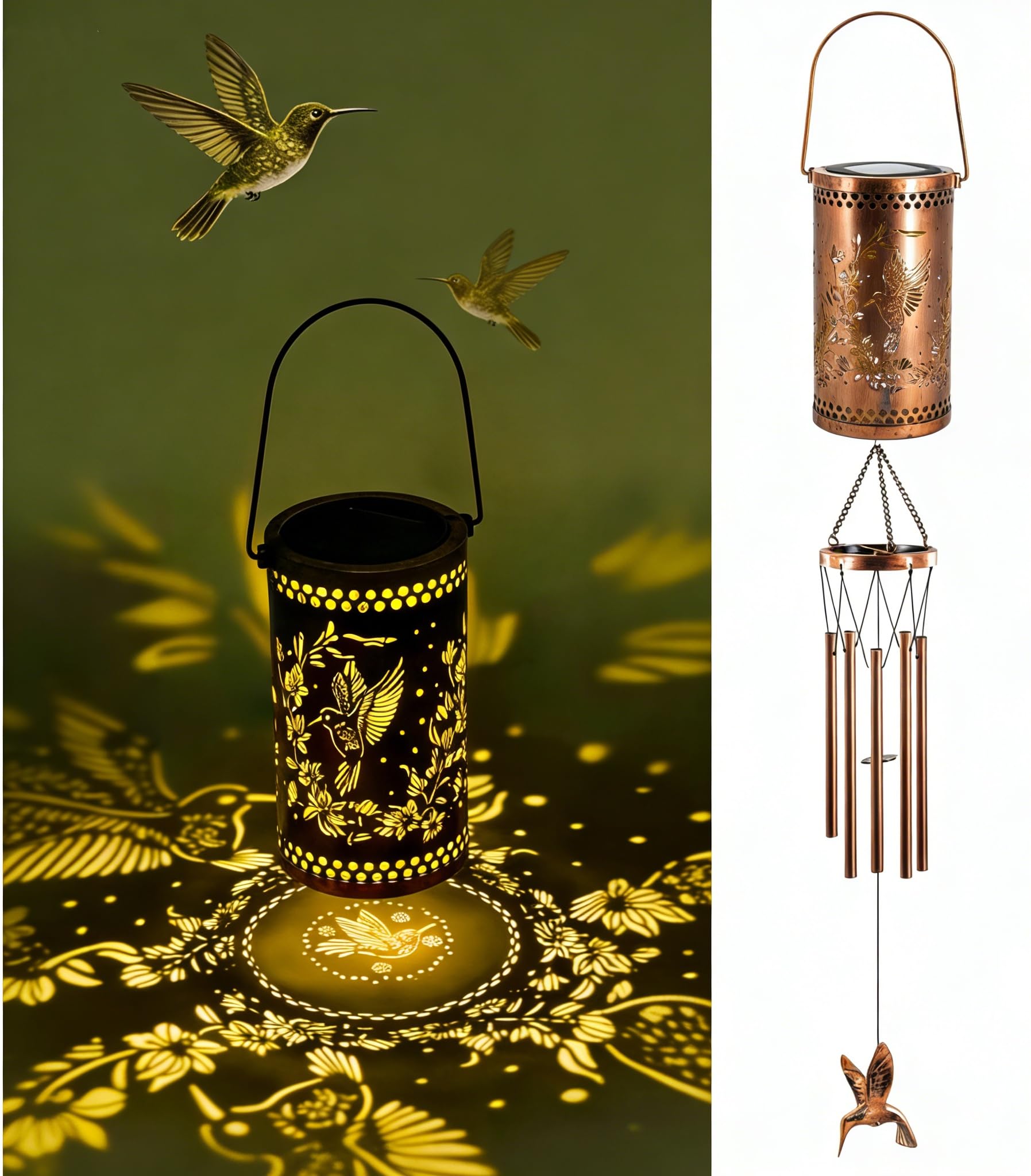 Packaging of Howarmer Hummingbird Solar Wind Chimes showing product details