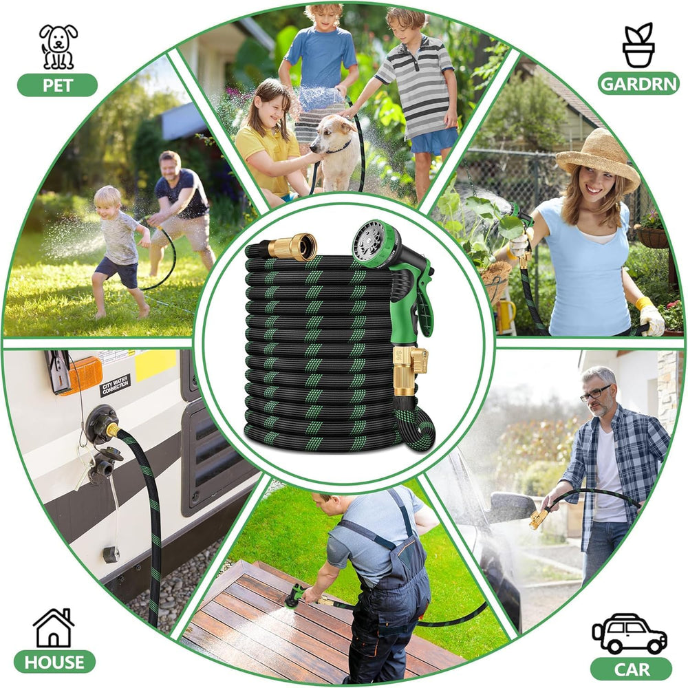 Packaging of IBXFO garden hose, showing included accessories