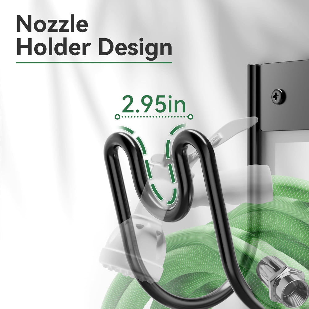 Packaging of Josmimic Black Metal Garden Hose Holder, showing components included