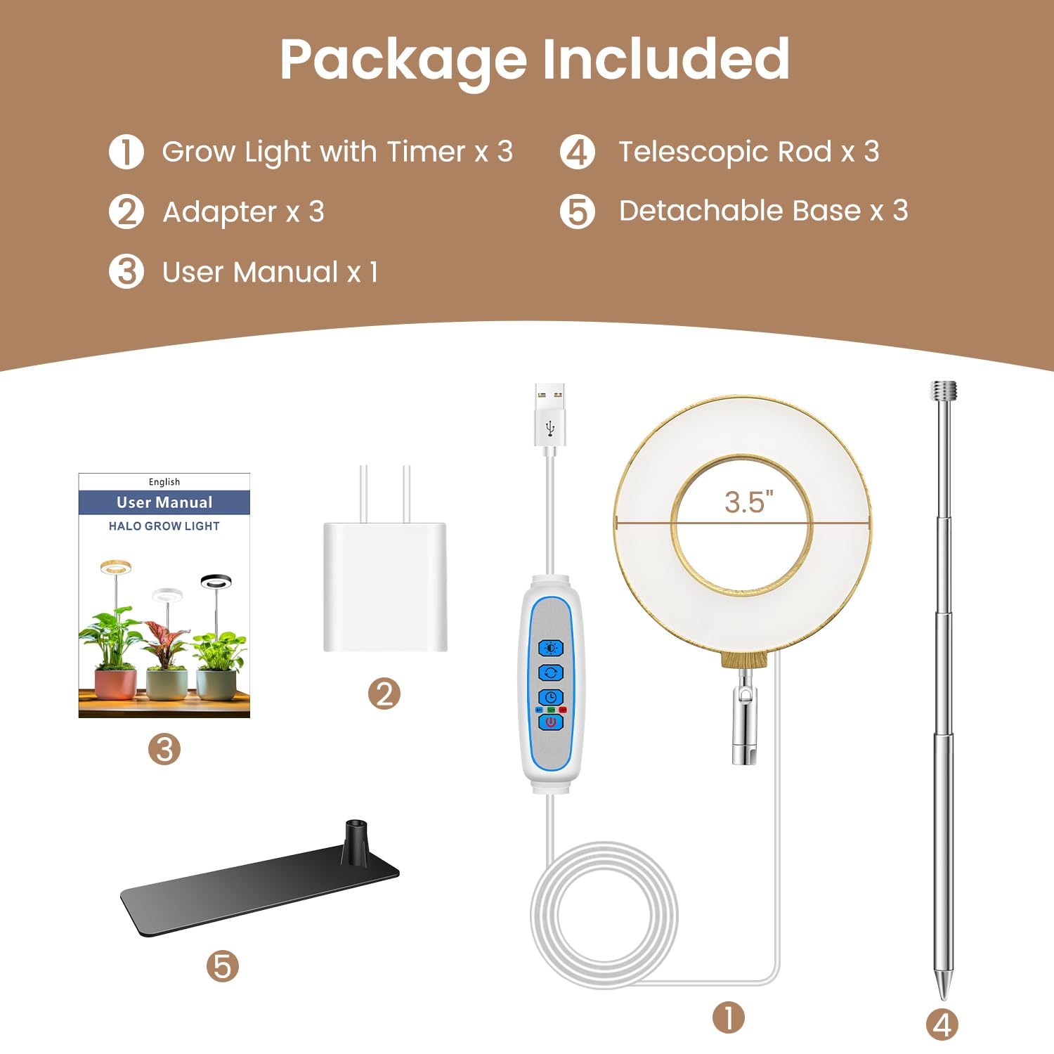 Packaging of Kullsinss Halo Plant Lights showing contents inside
