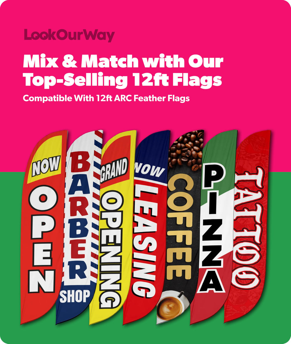 Packaging of LookOurWay Feather Flag Banner