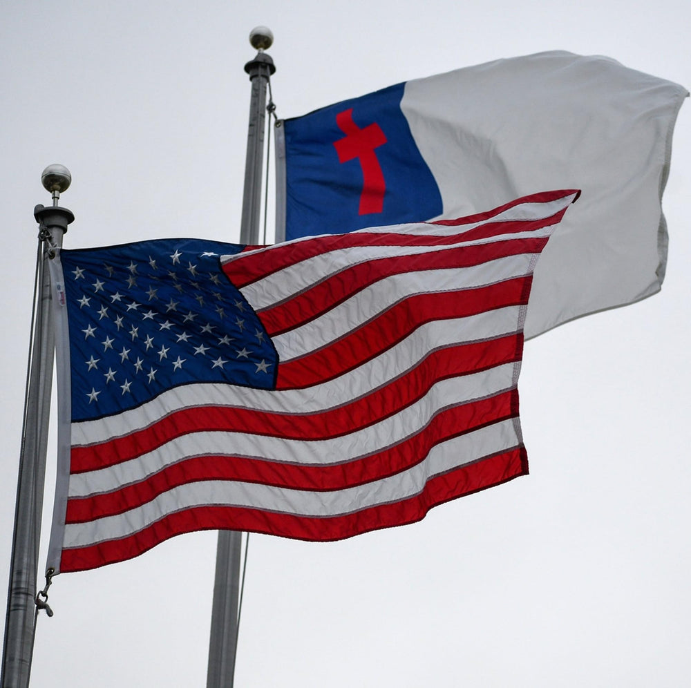 Packaging of Made in USA Christian Flag 3x5 with specifications