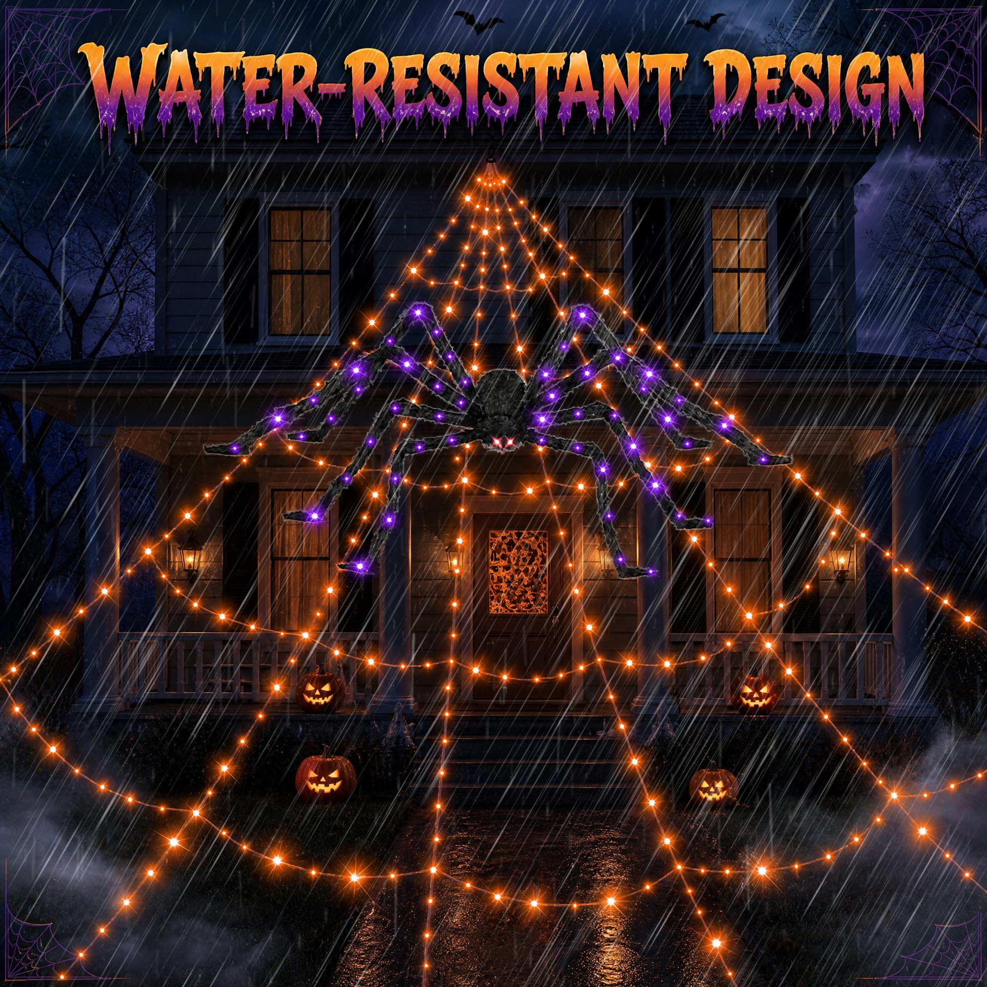 Packaging of Makion Halloween spider web lights