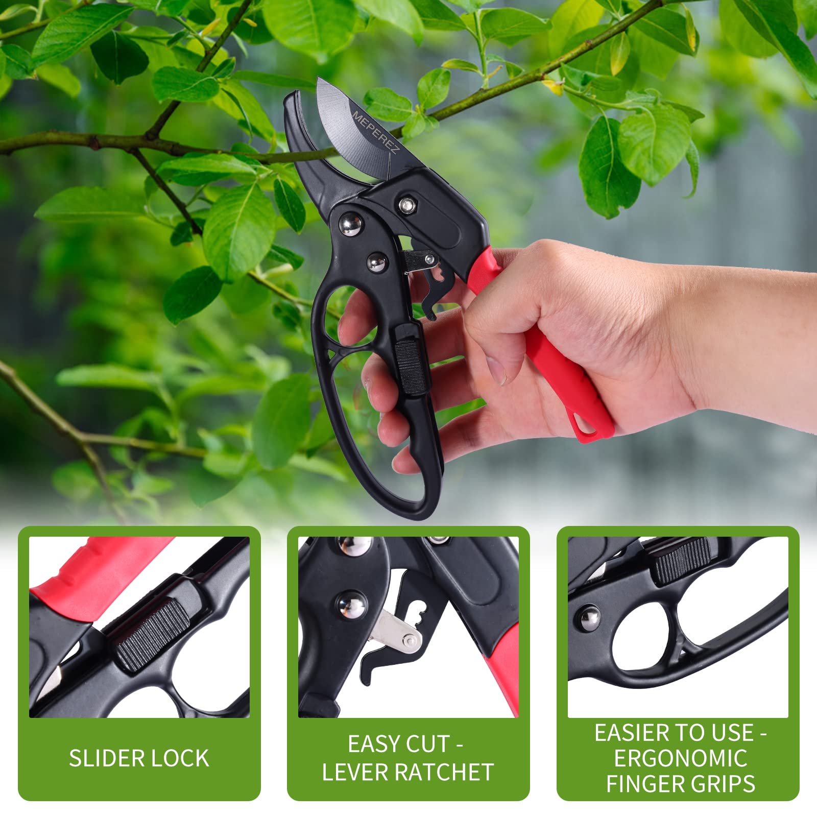 Packaging of MEPEREZ pruning shears on a wooden table