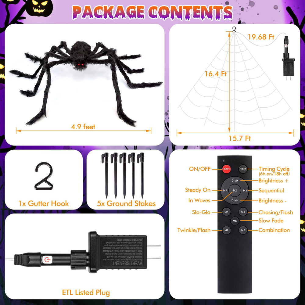 Packaging of OCATO Halloween Spider Web Lights