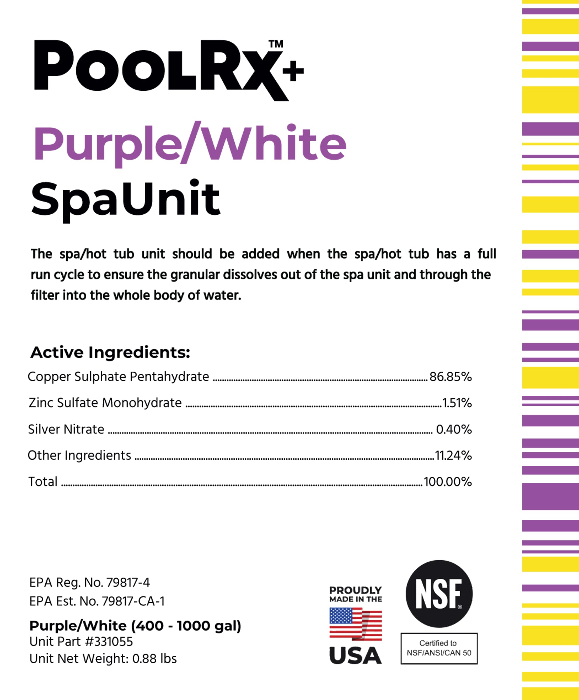 Packaging of poolrx PoolRX+ Spa Unit showing specifications