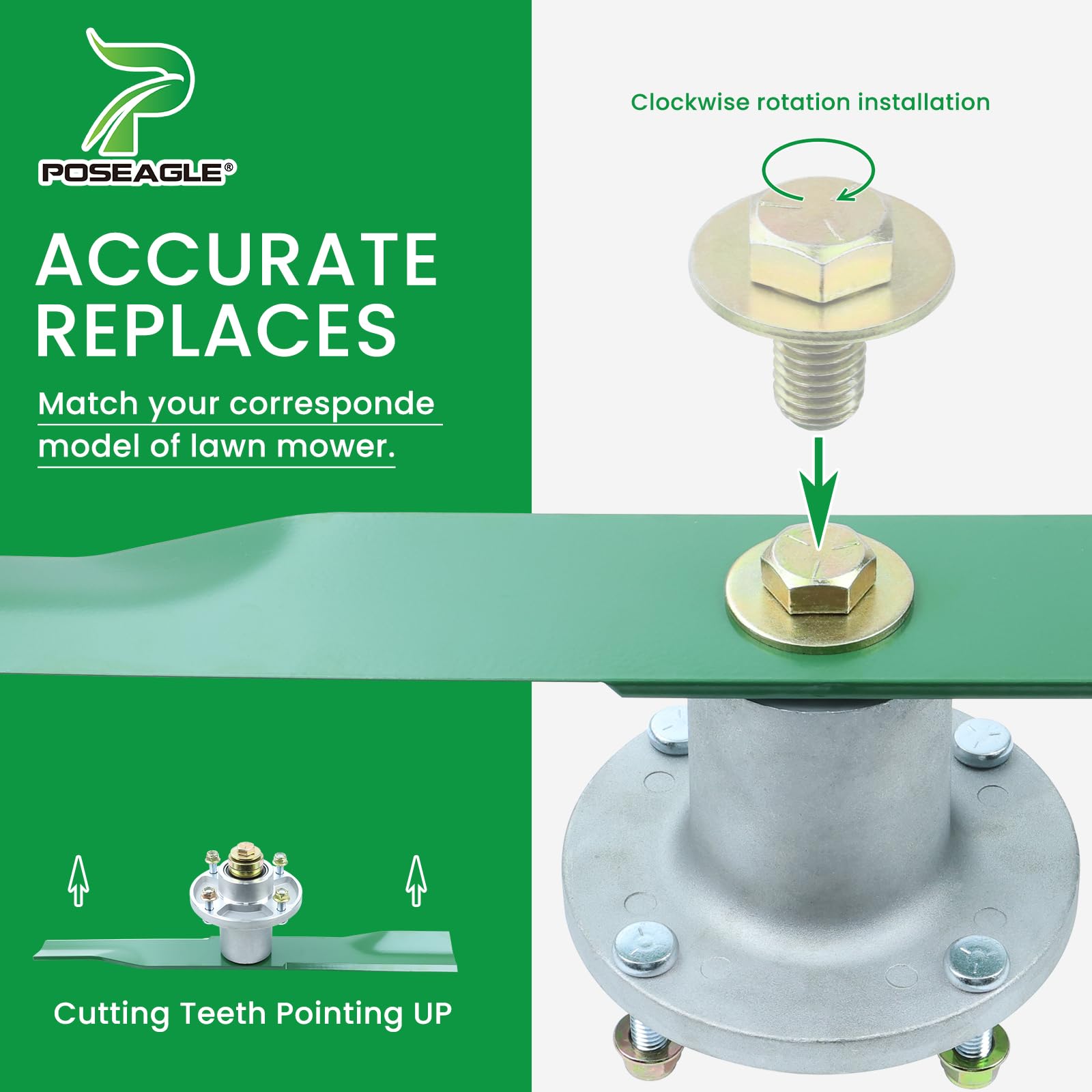 Packaging of POSEAGLE lawn mower blades with model information