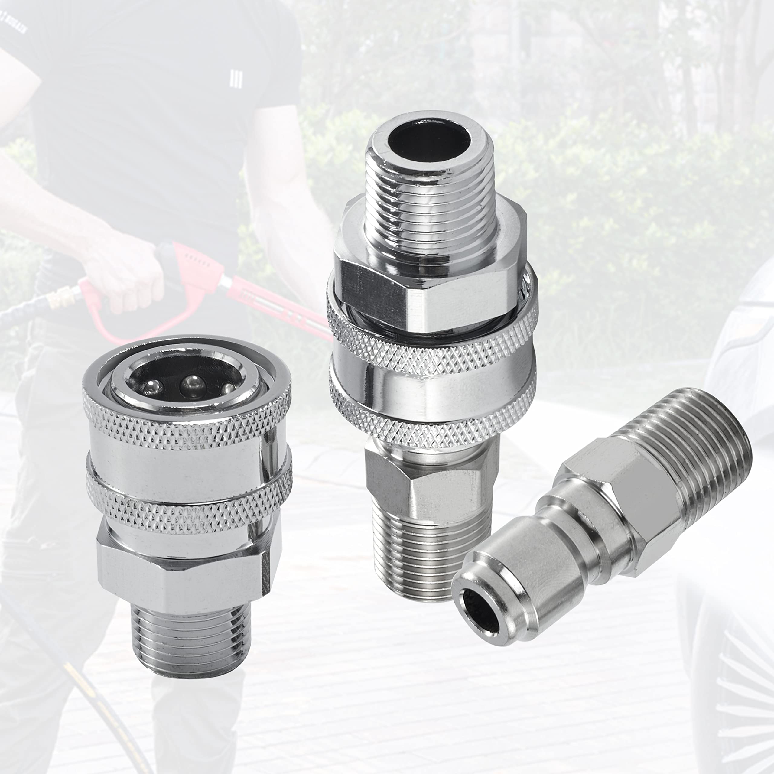 Packaging of Raincovo pressure washer fittings with product details