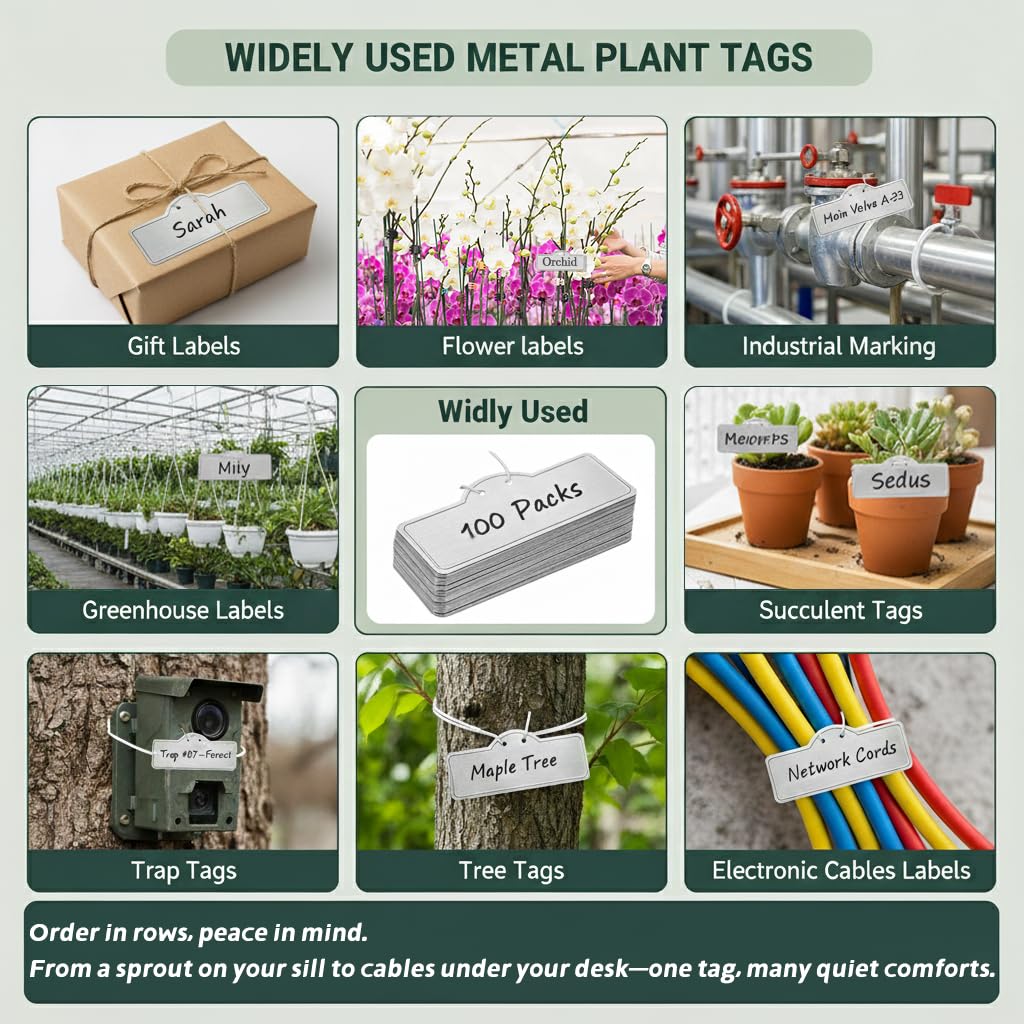 Packaging of TCYPUHL Metal Plant Tags showing included tools