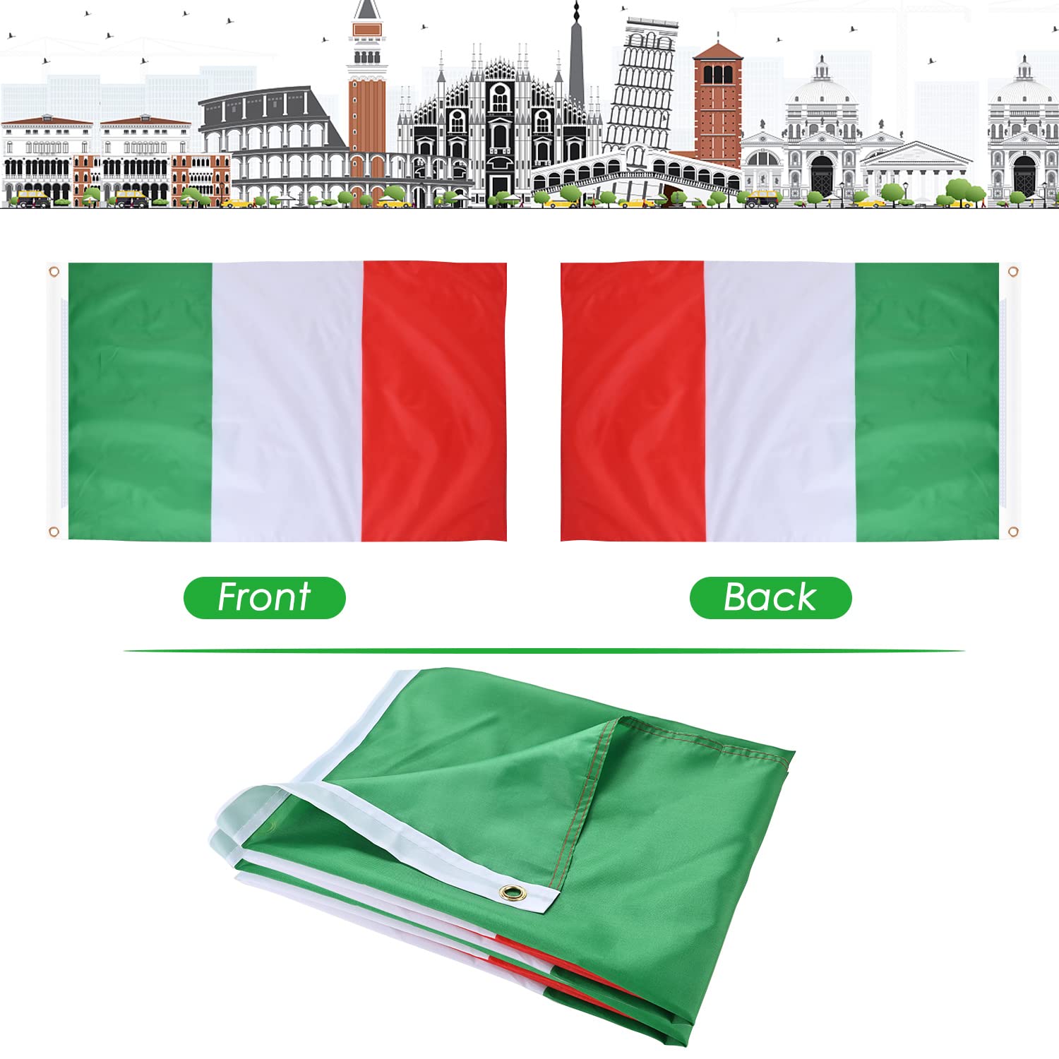 Packaging of the AhfuLife Italian Flag showing size and material details