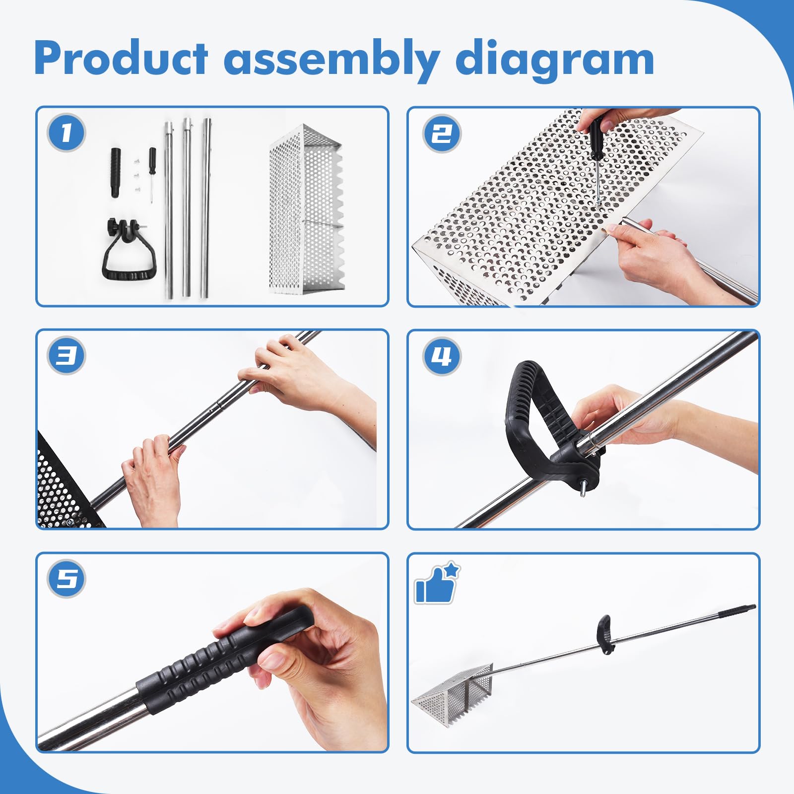 Packaging of the AshKiz Sand Flea Rake with included accessories