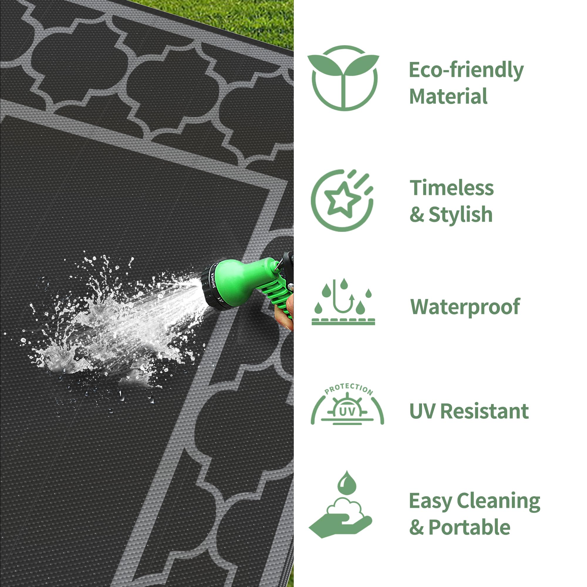 Packaging of the GENIMO Outdoor Rug with specifications