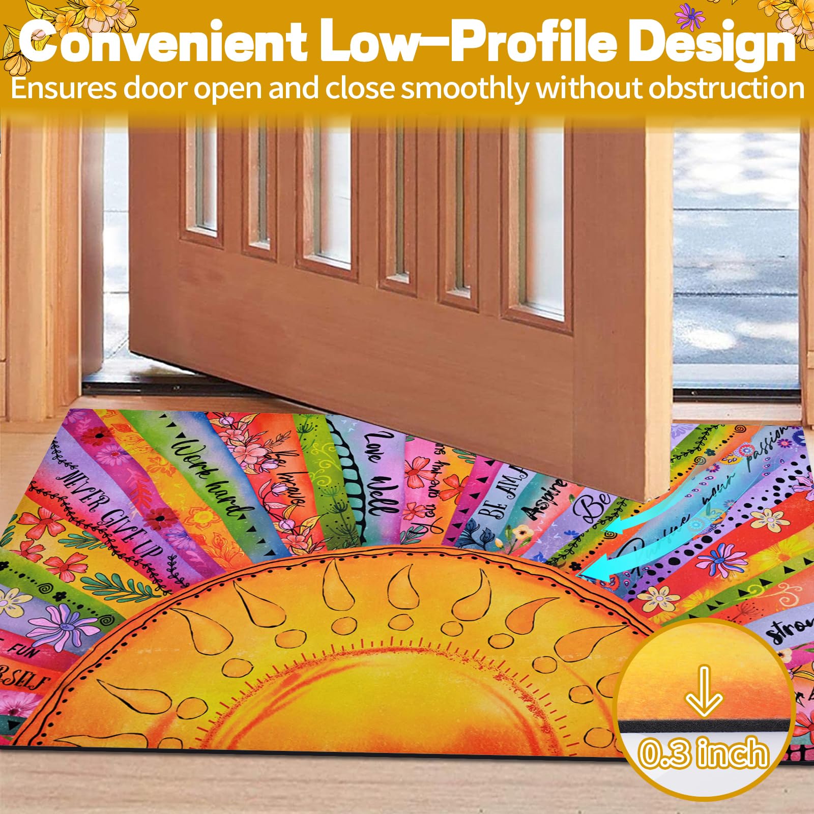 Packaging of the Likiyol Boho Sun Door Mat showing dimensions and design
