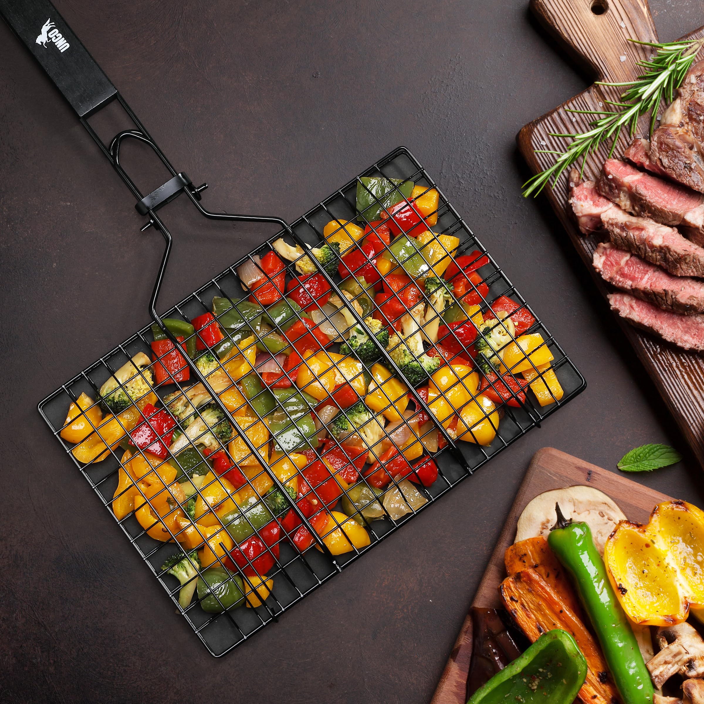 Packaging of UNCO BBQ Grill Basket with product details