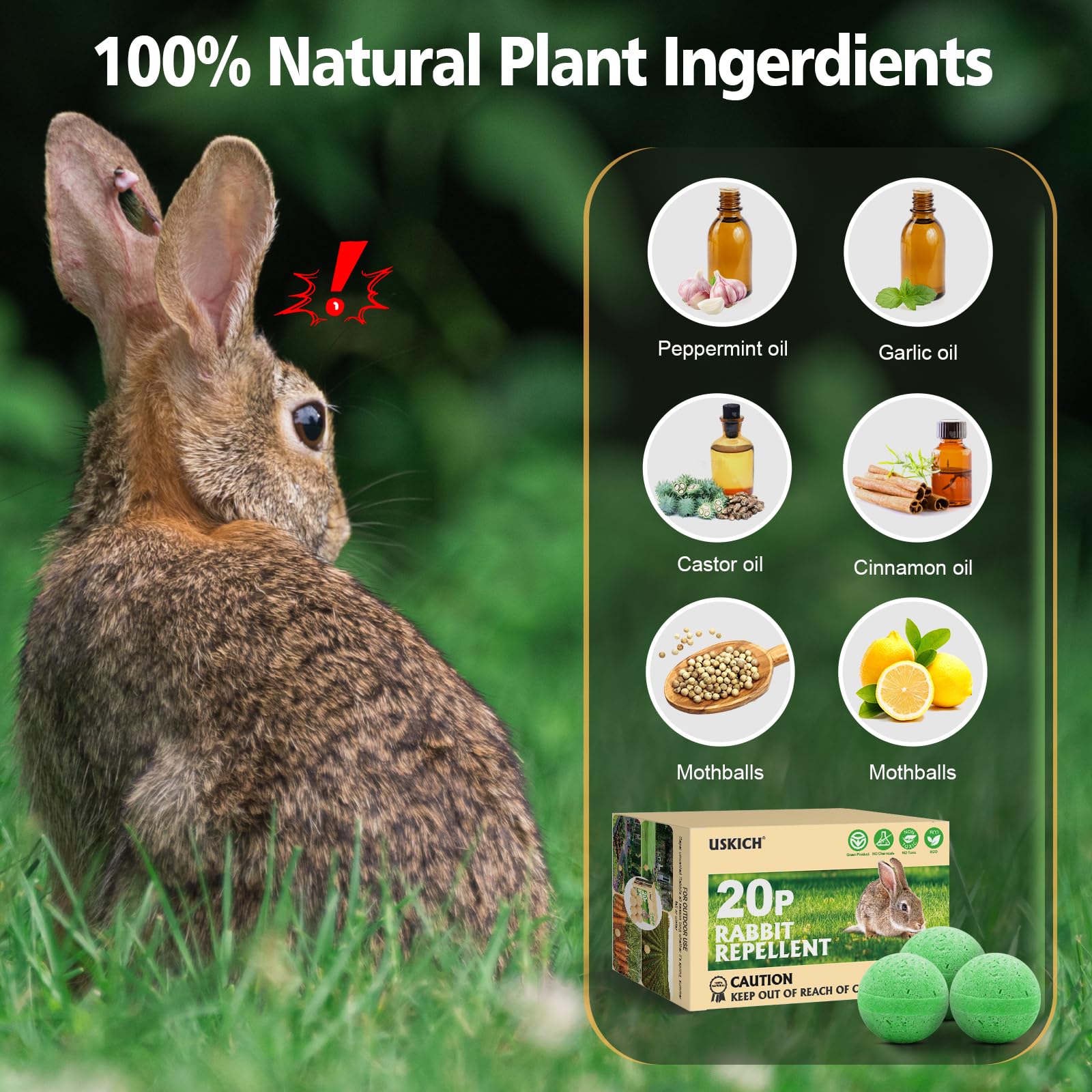 Packaging of USKICH Rabbit Repellent with gloves and bags
