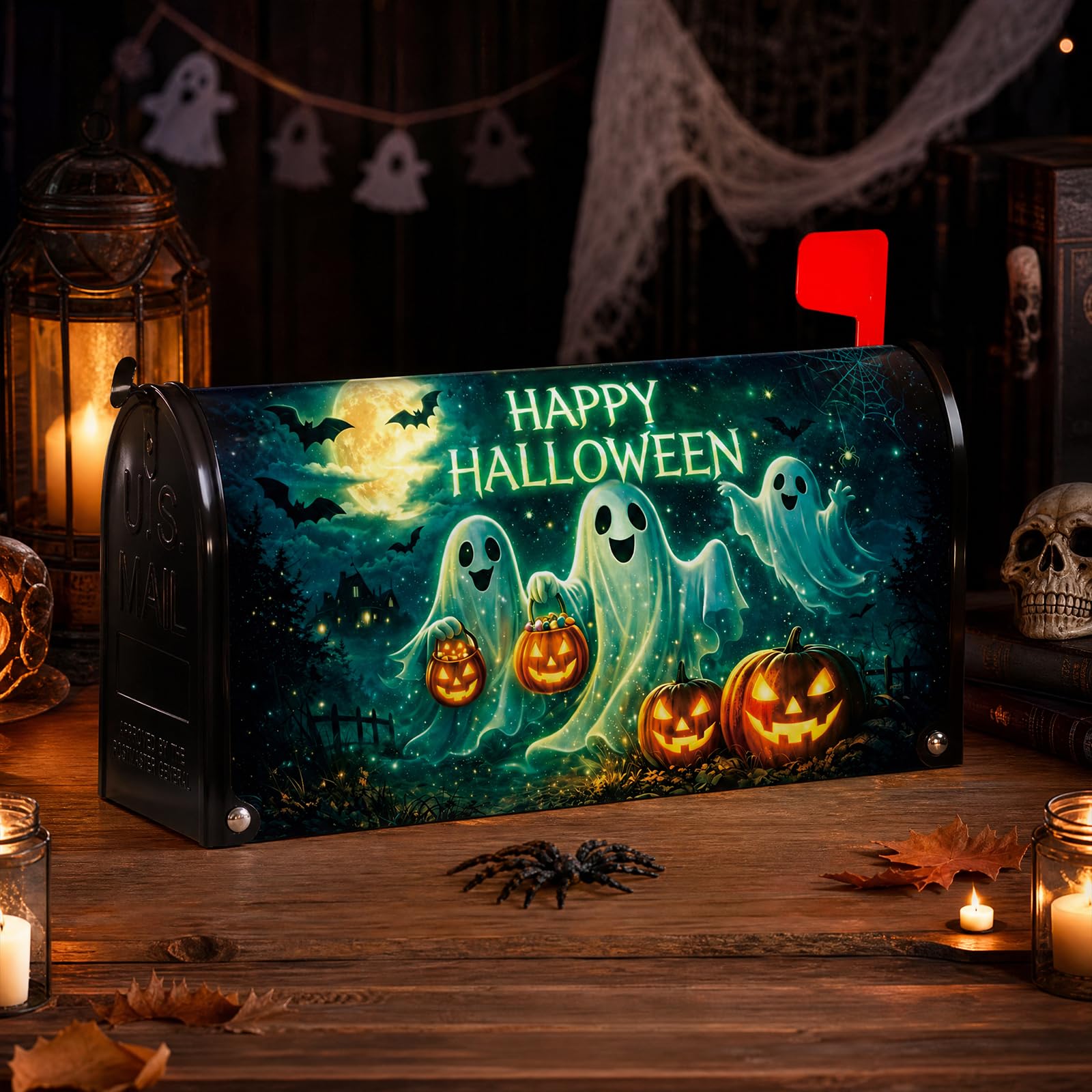 Packaging of VISSTREE Halloween Mailbox Cover with dimensions and details