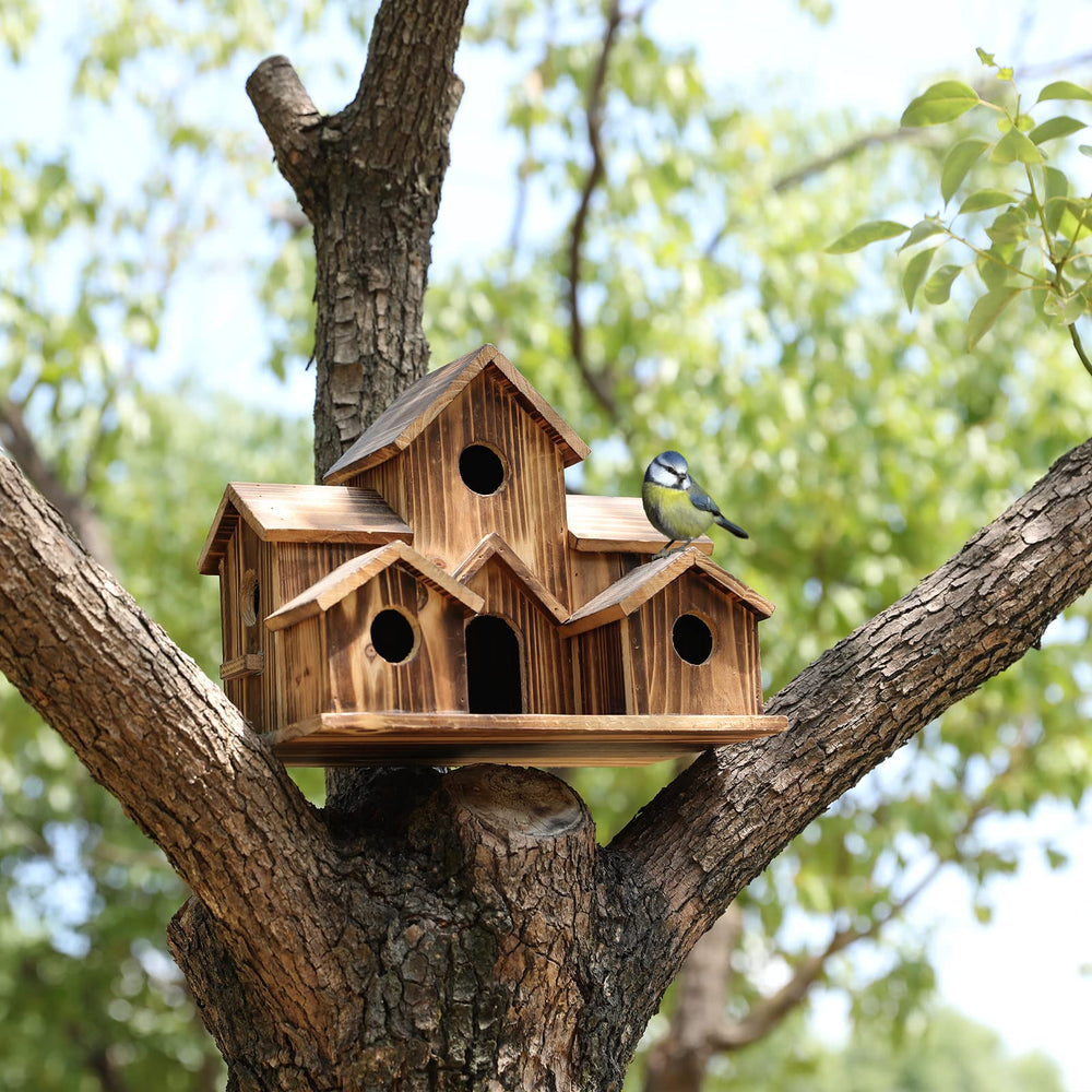 Packaging of YYYUAN Wooden Bird House with product details